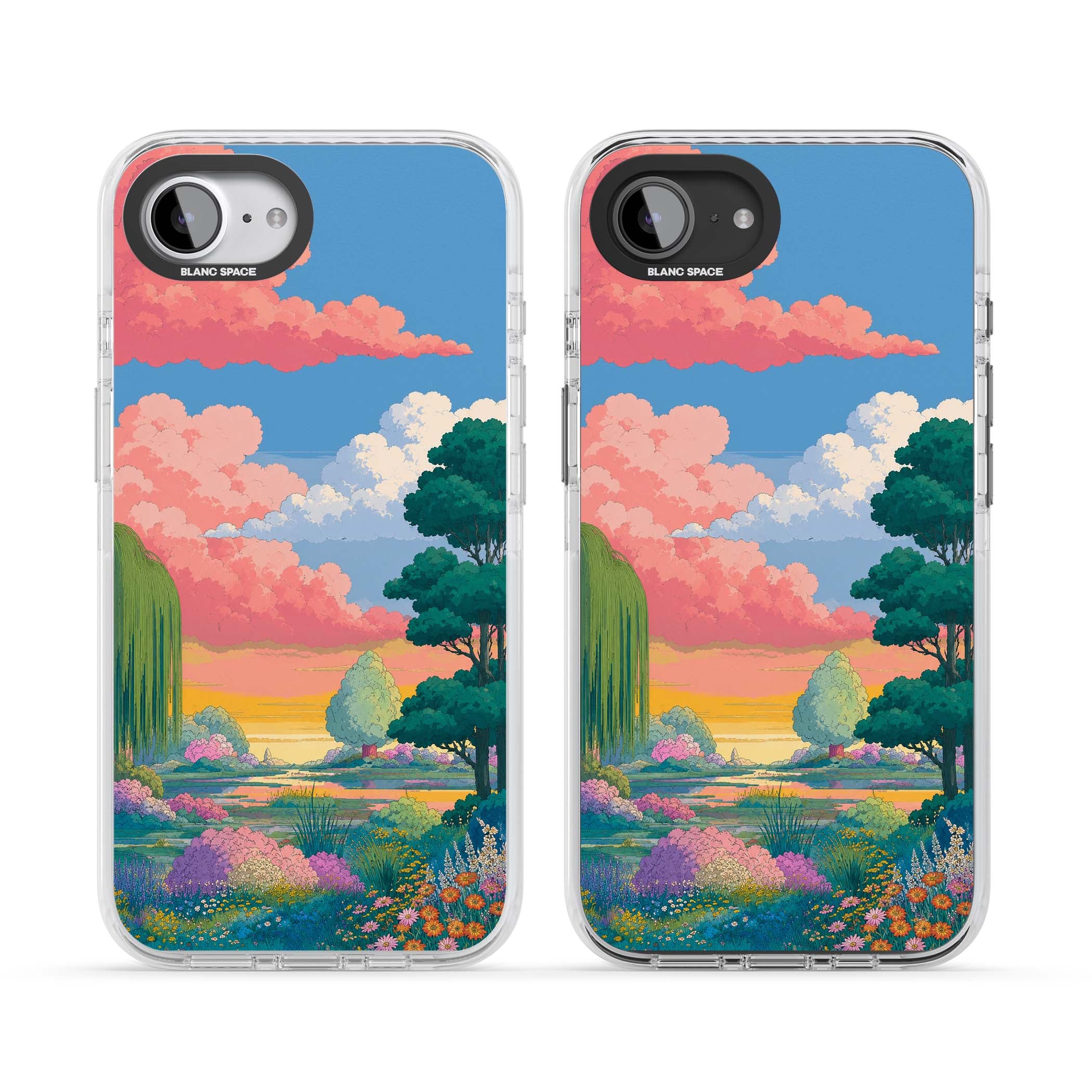 Dream Valley anime landscape iPhone case featuring pink sunset clouds, willow trees and wildflowers | Impact Magsafe case for iPhone 16e, iPhone 17e