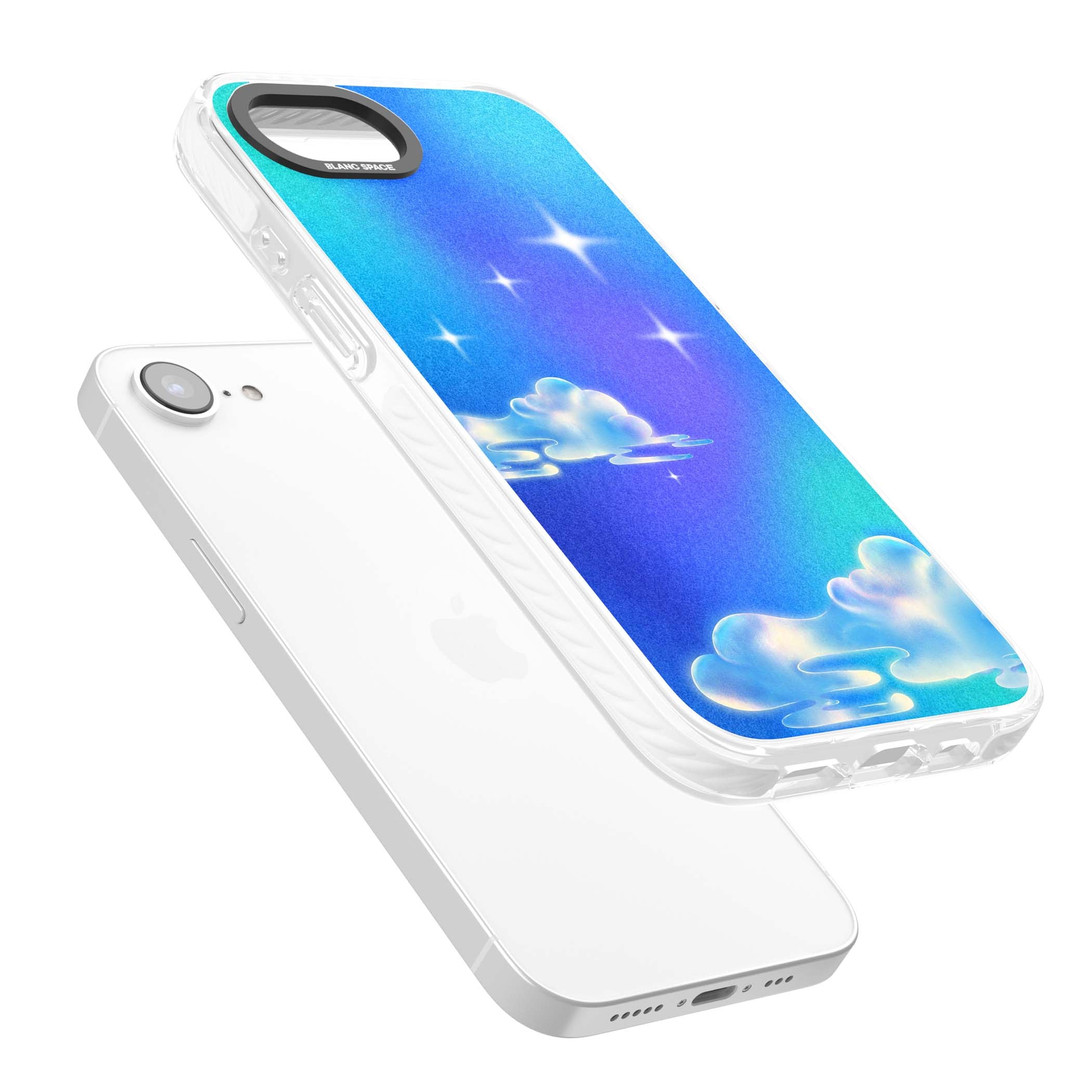 Aurora celestial iPhone case featuring dreamy iridescent clouds, sparkling stars and pastel blue purple sky | Impact Magsafe case for iPhone 16e, iPhone 17e