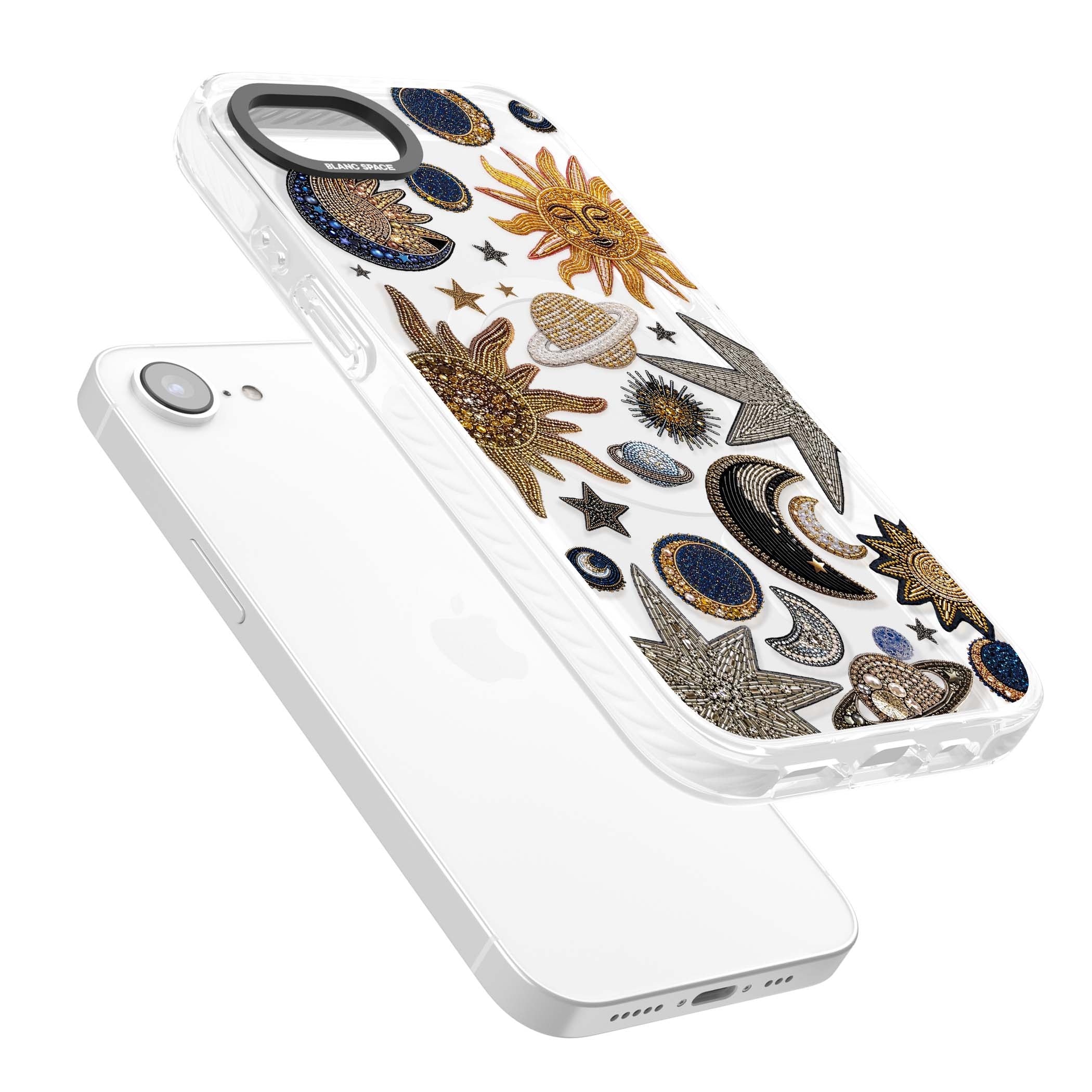 Beaded Cosmos celestial iPhone case featuring embroidered golden suns, beaded planets and silver shooting stars | Impact Magsafe case for iPhone 16e, iPhone 17e