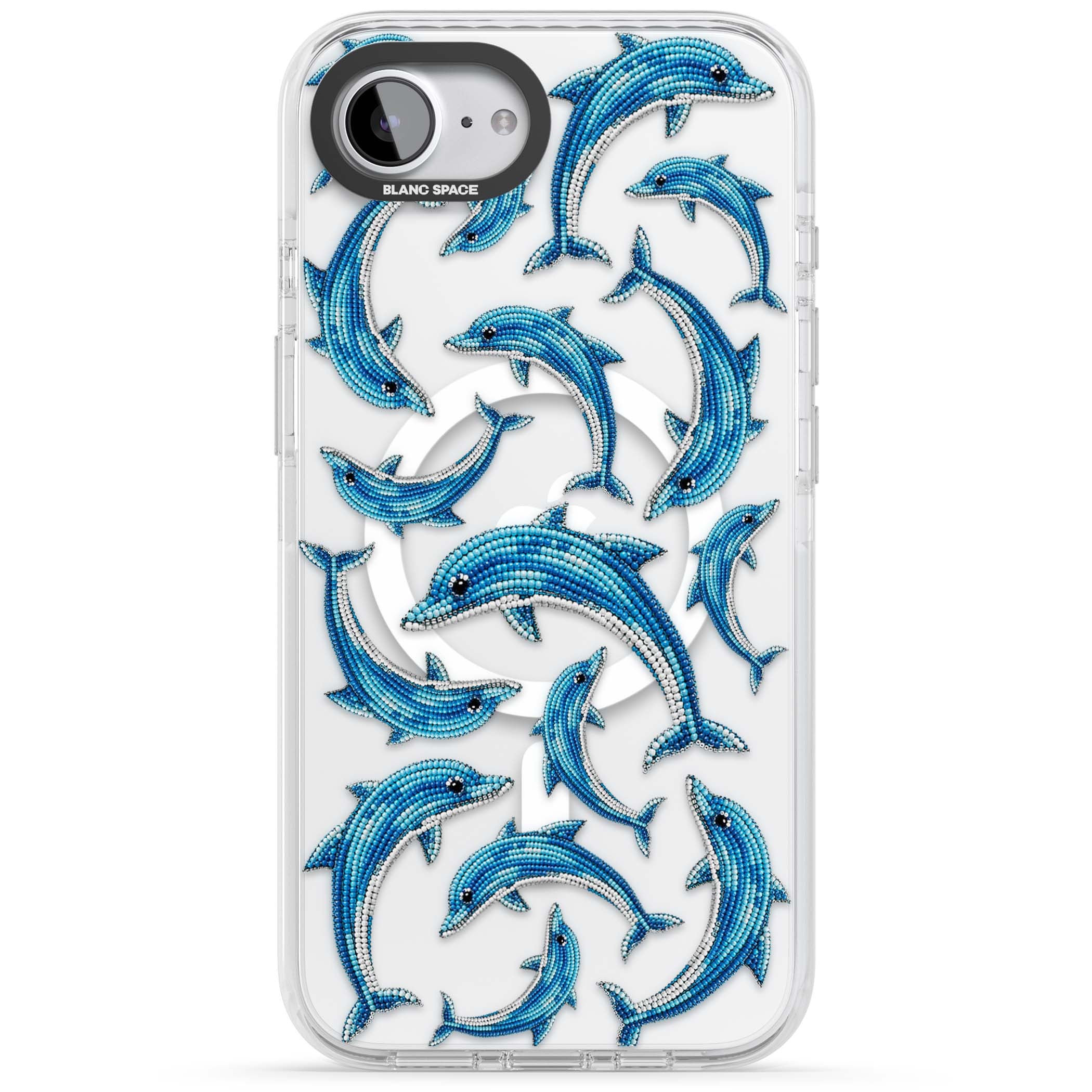 Beaded Dolphins coastal iPhone case featuring beaded dolphins in blue and white swimming across a clear background | Impact Magsafe case for iPhone 16e, iPhone 17e