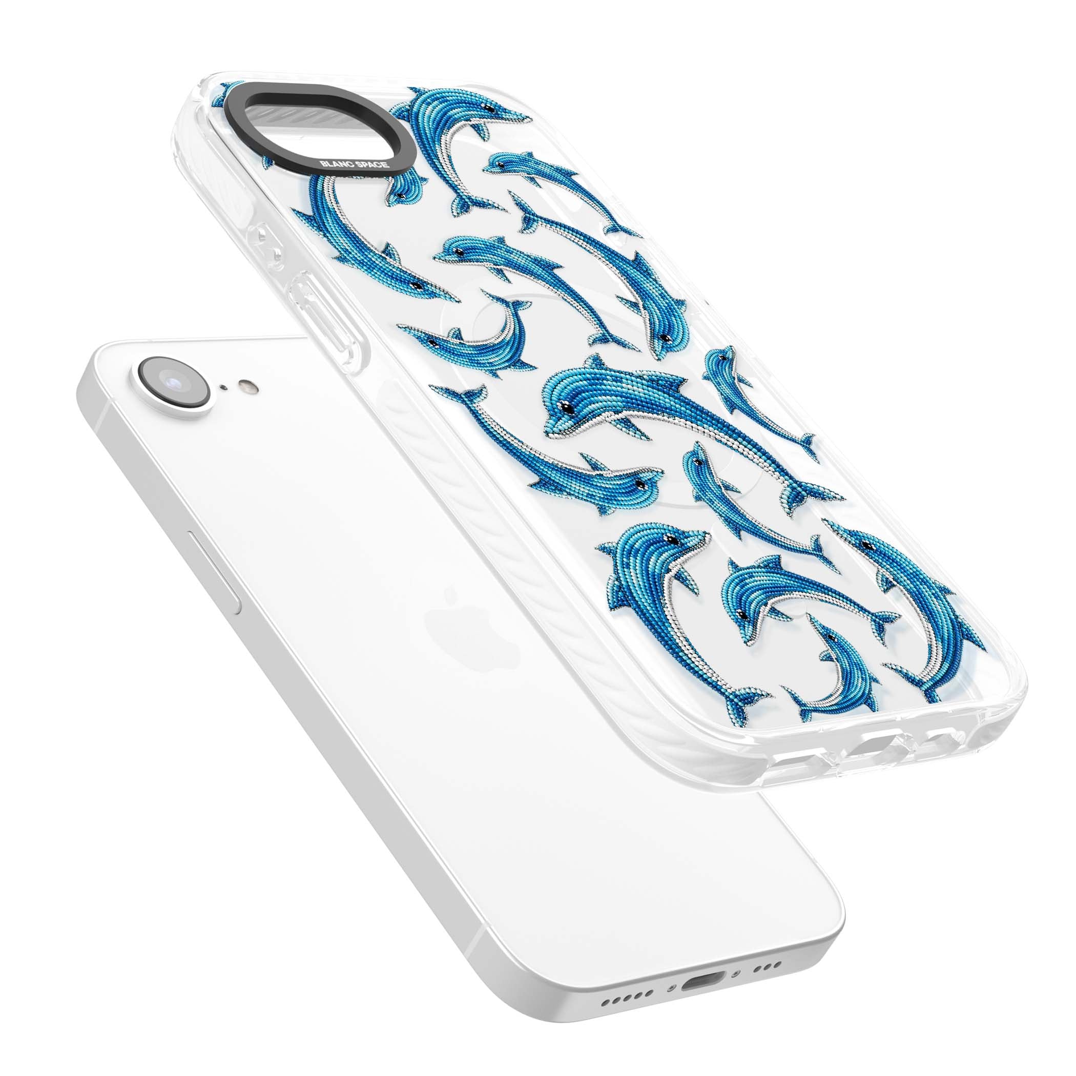 Beaded Dolphins coastal iPhone case featuring beaded dolphins in blue and white swimming across a clear background | Impact Magsafe case for iPhone 16e, iPhone 17e