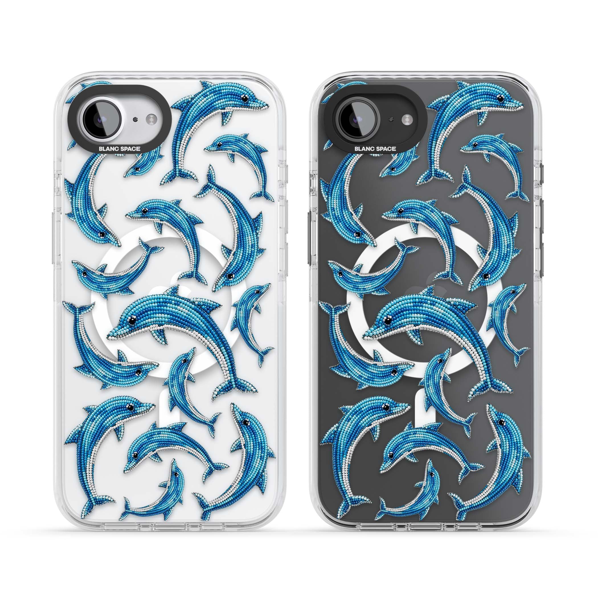 Beaded Dolphins coastal iPhone case featuring beaded dolphins in blue and white swimming across a clear background | Impact Magsafe case for iPhone 16e, iPhone 17e