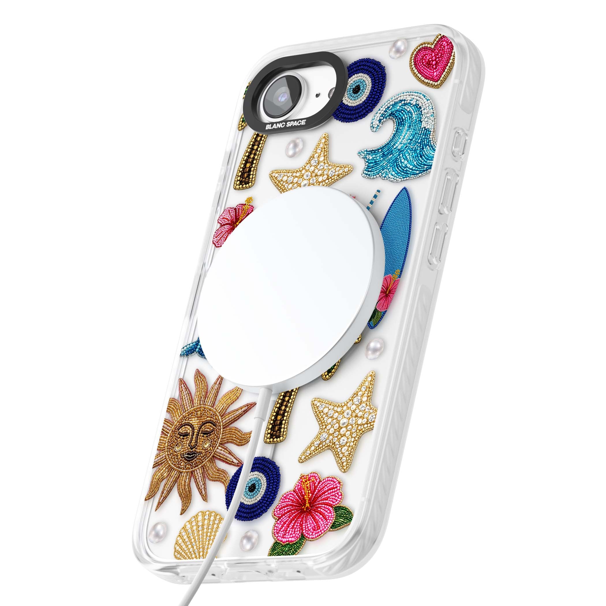 Beaded Beach coastal summer iPhone case featuring embroidered evil eye, hibiscus flowers, dolphin and palm tree patches | Impact Magsafe case for iPhone 16e, iPhone 17e