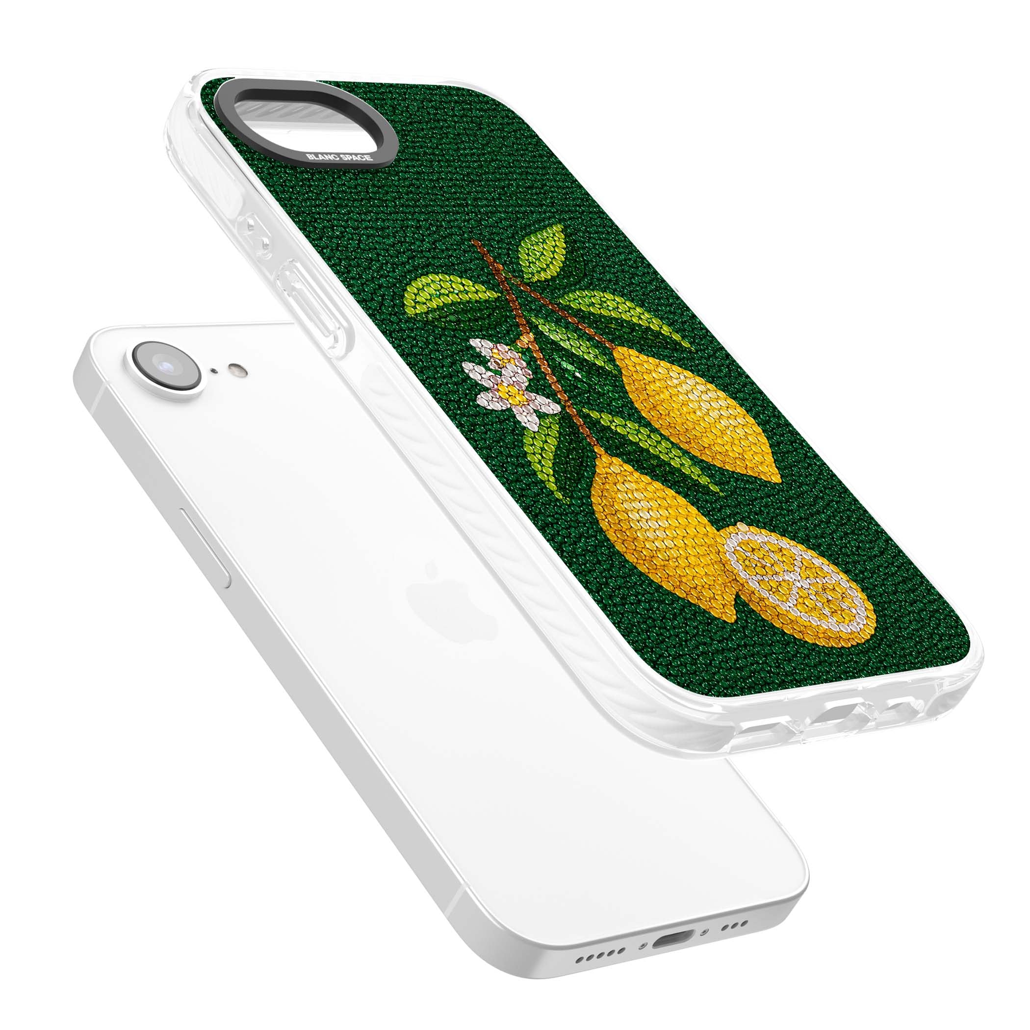 Beaded Lemons coastal iPhone case featuring crystal-beaded lemons, citrus blossom and green leaves on emerald ground | Impact Magsafe case for iPhone 16e, iPhone 17e