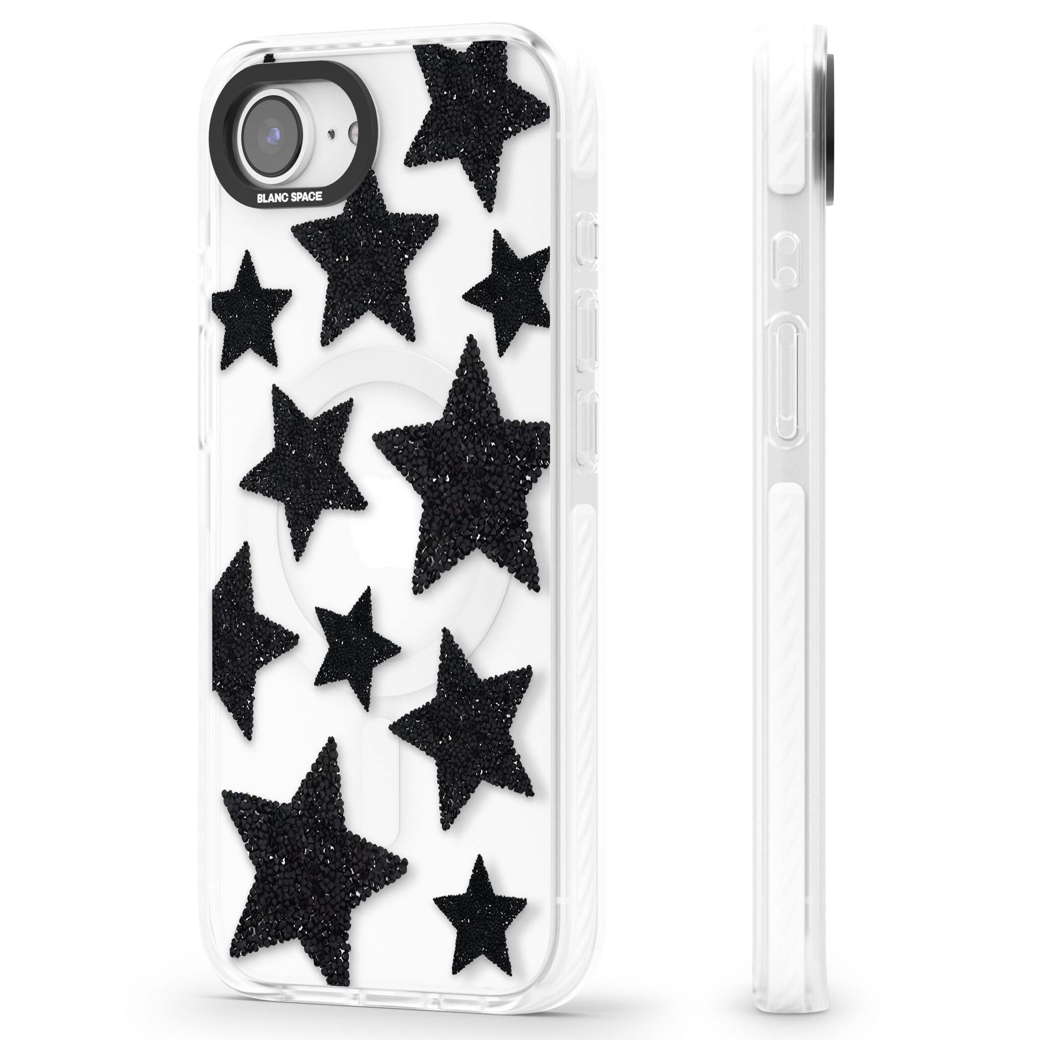 Beaded Black Stars celestial iPhone case featuring black glitter beaded stars scattered on a clear background | Impact Magsafe case for iPhone 16e, iPhone 17e