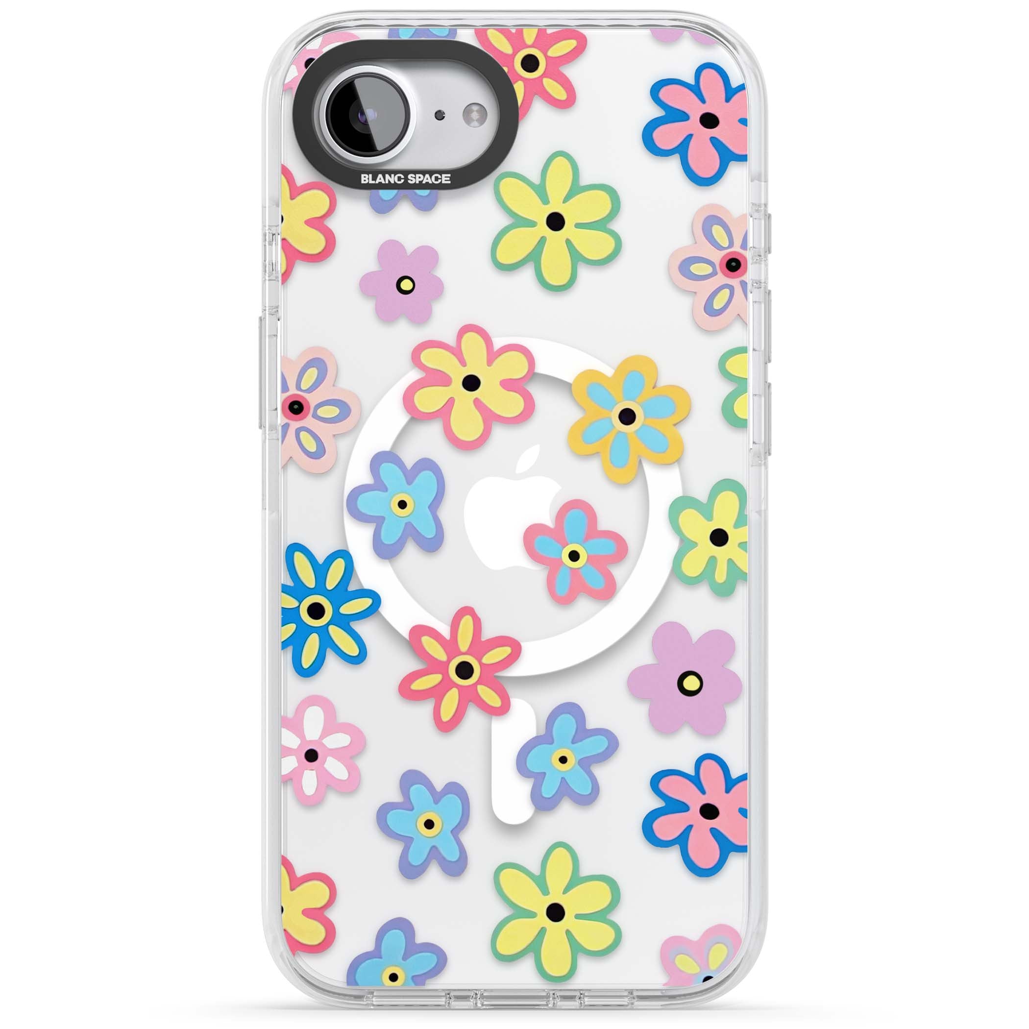 Bloom Pop cottagecore iPhone case featuring multicolor pastel flowers with black centers on clear background | Impact Magsafe case for iPhone 16e, iPhone 17e