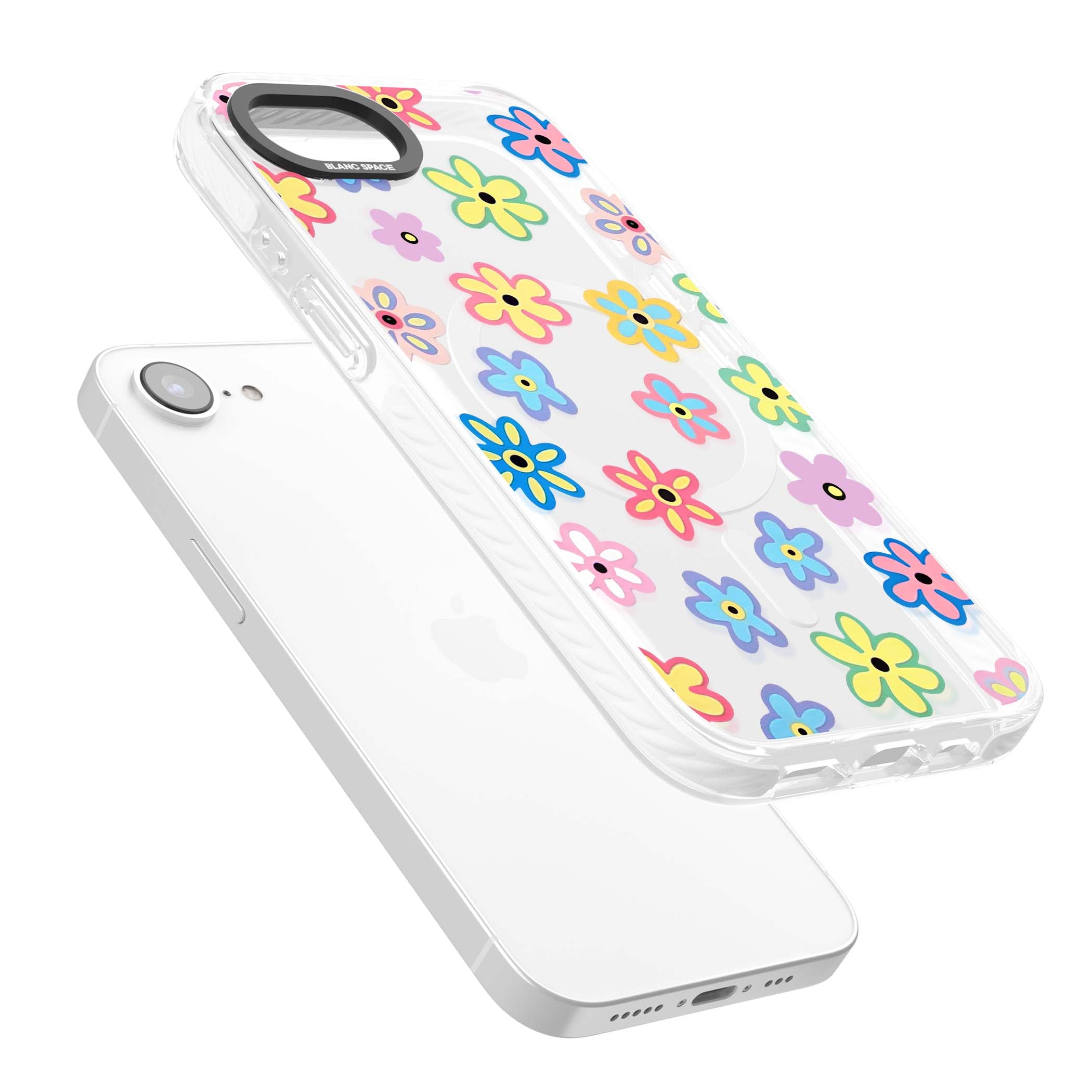 Bloom Pop cottagecore iPhone case featuring multicolor pastel flowers with black centers on clear background | Impact Magsafe case for iPhone 16e, iPhone 17e