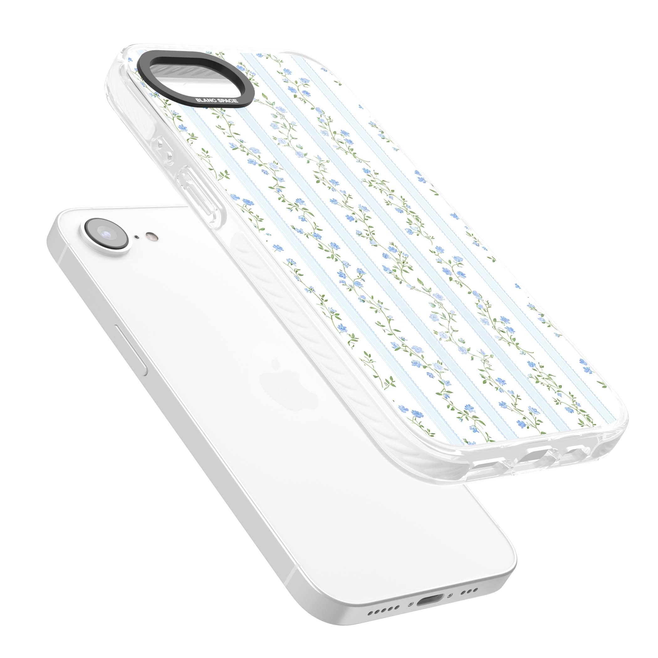 Bluebell Vine cottagecore iPhone case featuring climbing blue roses, trailing green vines, and pale ticking stripes | Impact Magsafe case for iPhone 16e, iPhone 17e