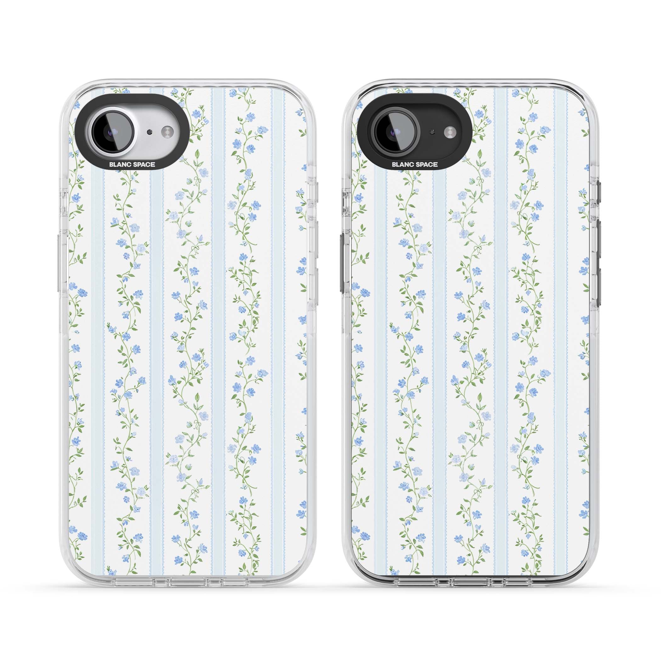 Bluebell Vine cottagecore iPhone case featuring climbing blue roses, trailing green vines, and pale ticking stripes | Impact Magsafe case for iPhone 16e, iPhone 17e