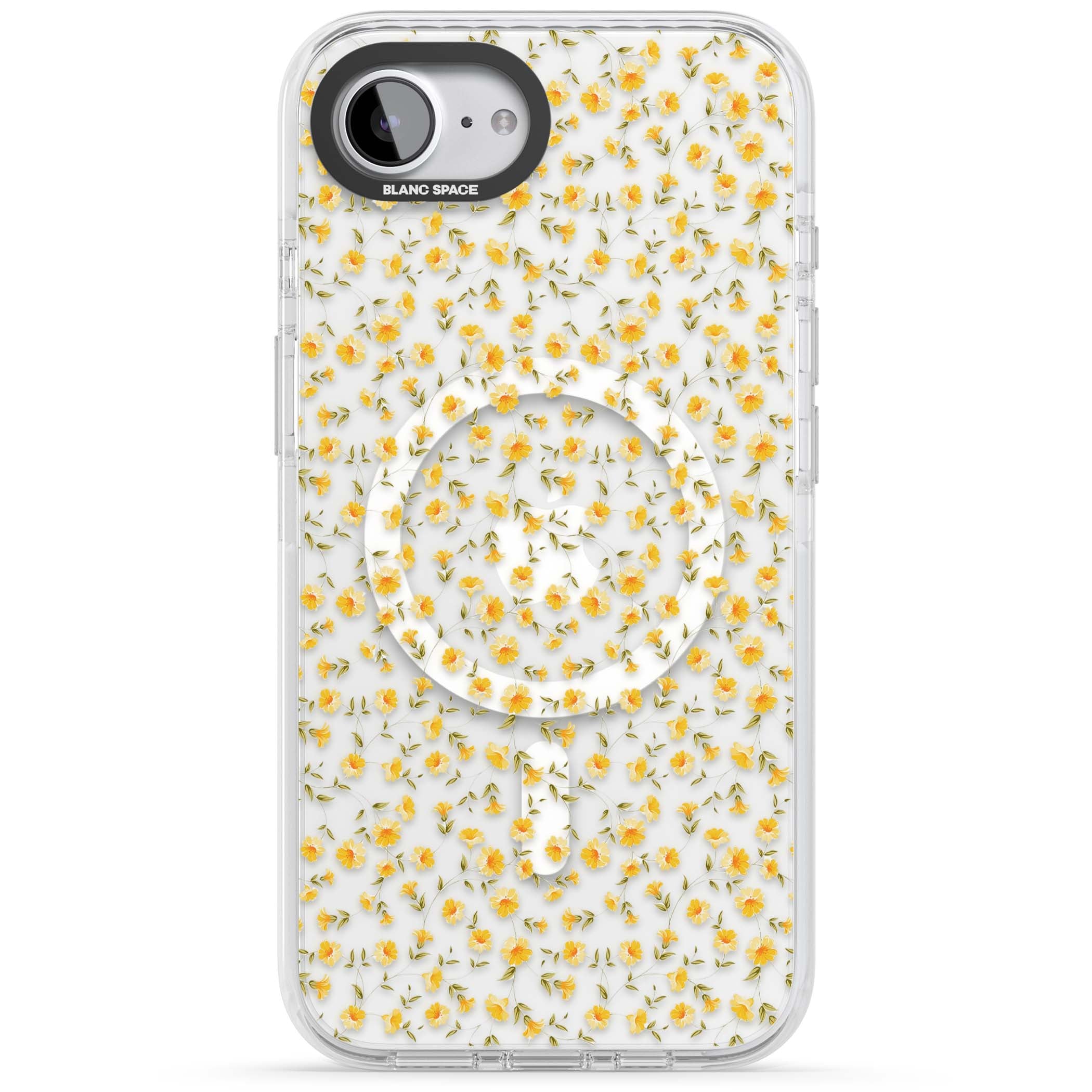Buttercup wildflower iPhone case featuring tiny yellow flowers and trailing green vines on clear | Impact Magsafe case for iPhone 16e, iPhone 17e