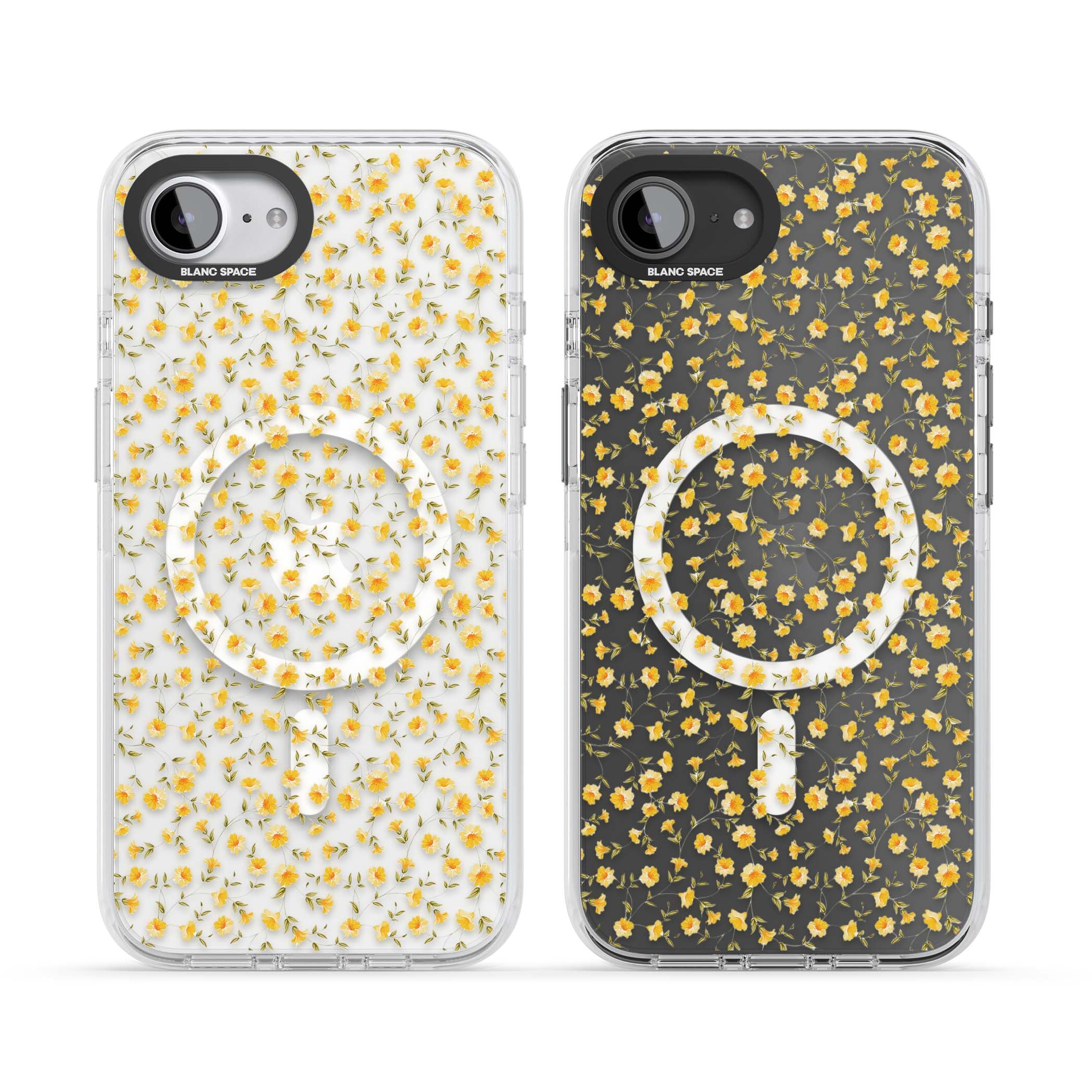 Buttercup wildflower iPhone case featuring tiny yellow flowers and trailing green vines on clear | Impact Magsafe case for iPhone 16e, iPhone 17e