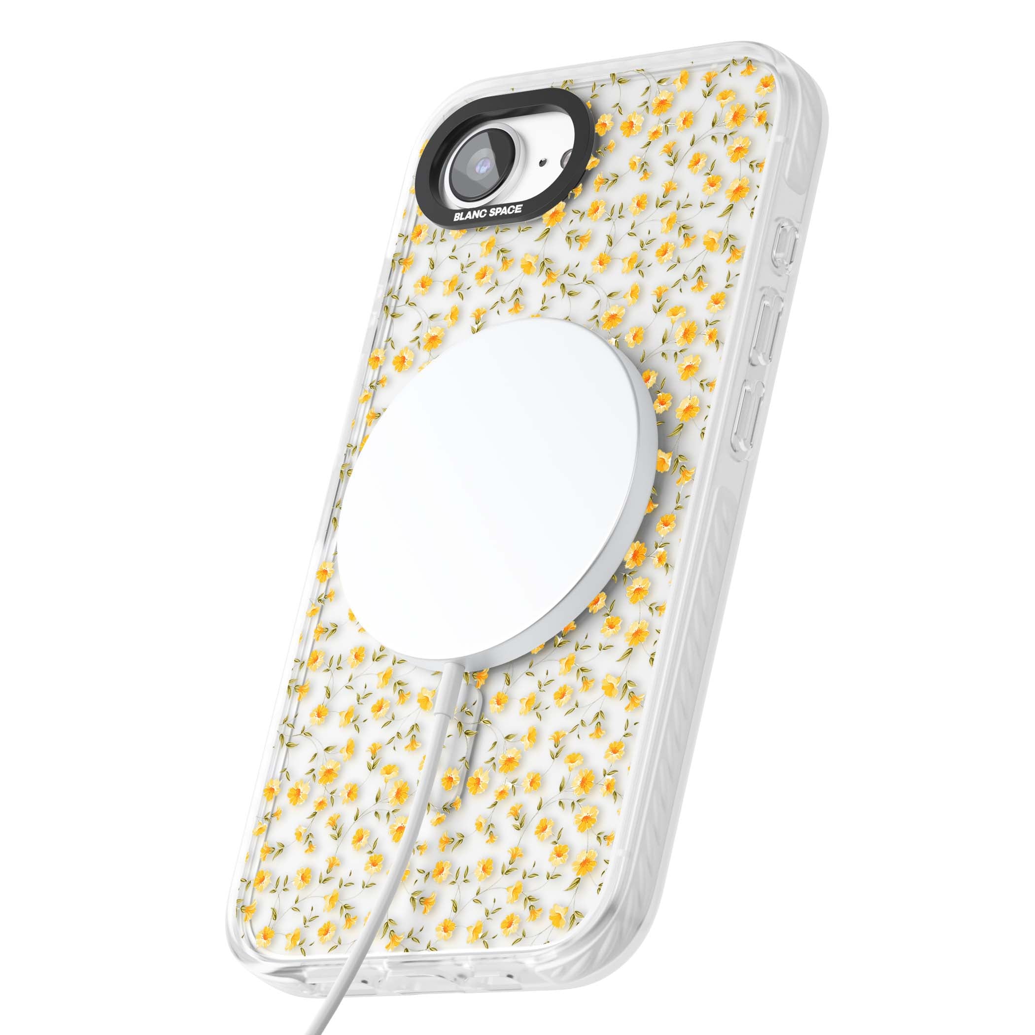 Buttercup wildflower iPhone case featuring tiny yellow flowers and trailing green vines on clear | Impact Magsafe case for iPhone 16e, iPhone 17e