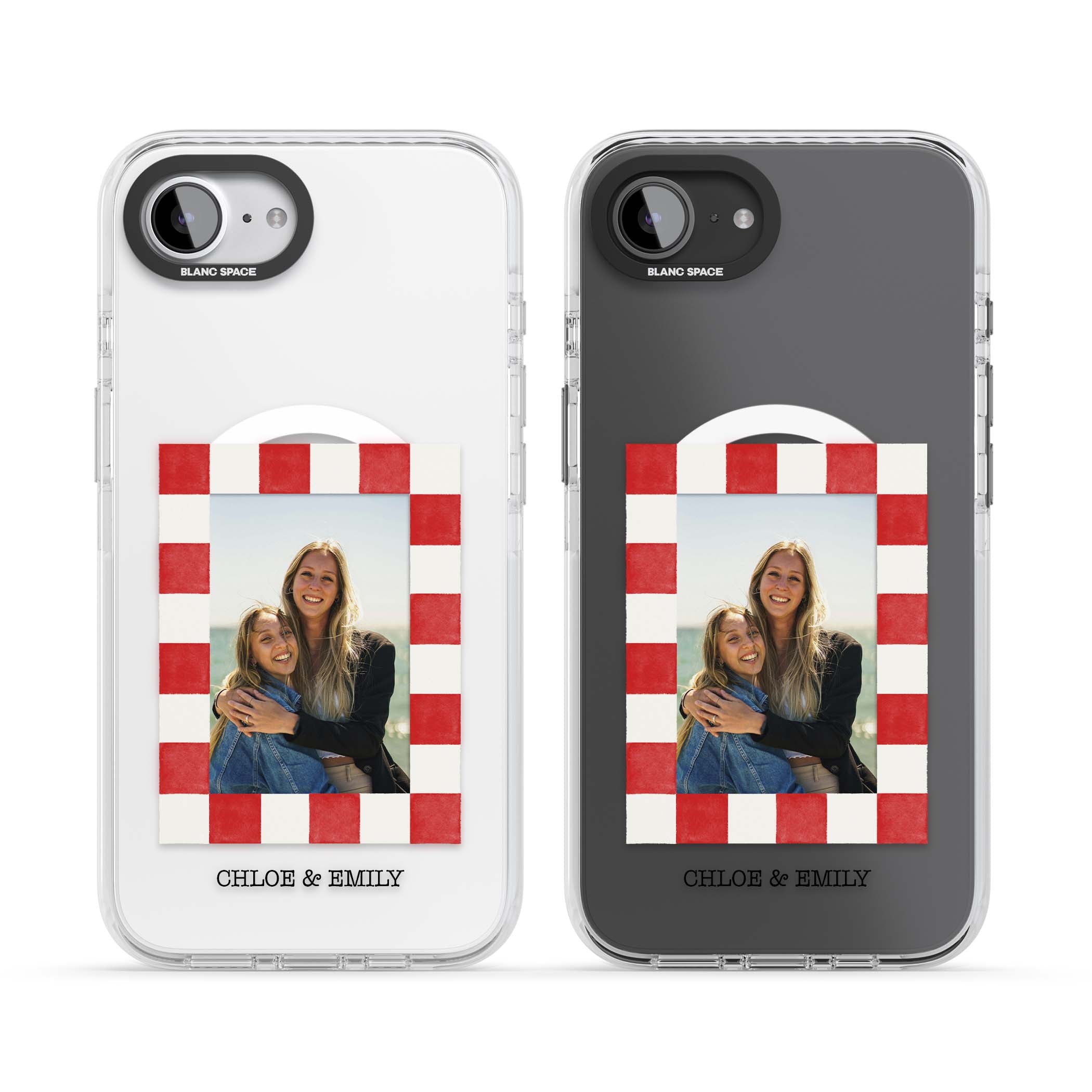Red Check Photo personalised photo iPhone case with red and white checkered polaroid frame and custom couple name | Impact Magsafe case for iPhone 16e, iPhone 17e