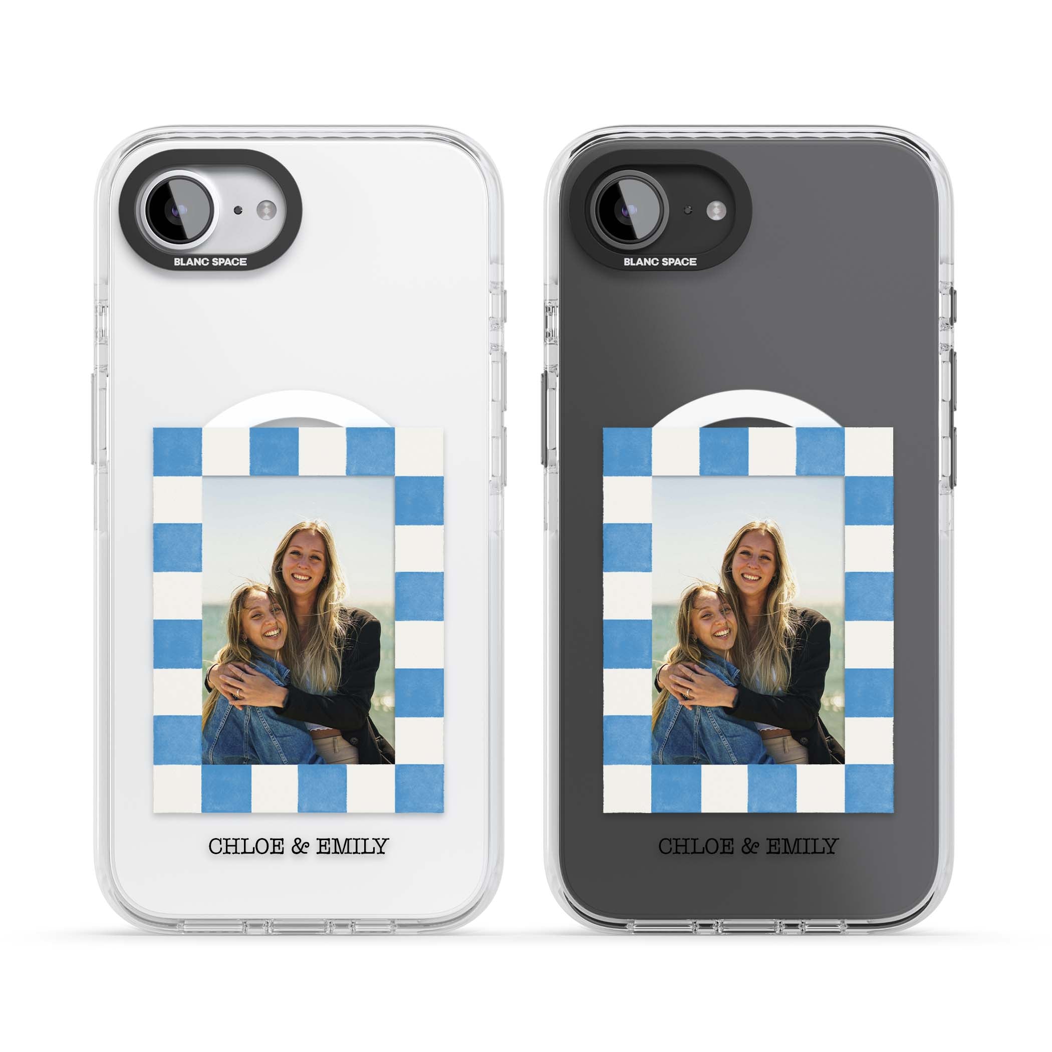 Blue Check Photo personalised photo iPhone case with blue checkered frame and custom couple names | Impact Magsafe case for iPhone 16e, iPhone 17e