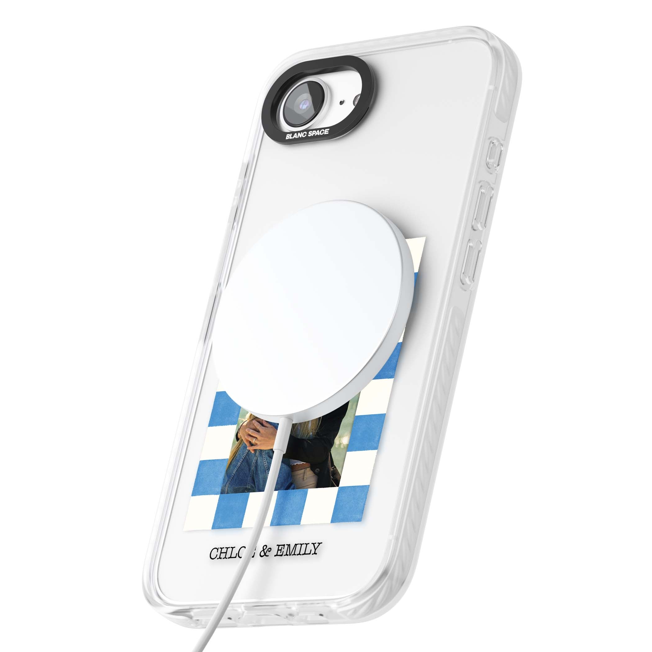 Blue Check Photo personalised photo iPhone case with blue checkered frame and custom couple names | Impact Magsafe case for iPhone 16e, iPhone 17e