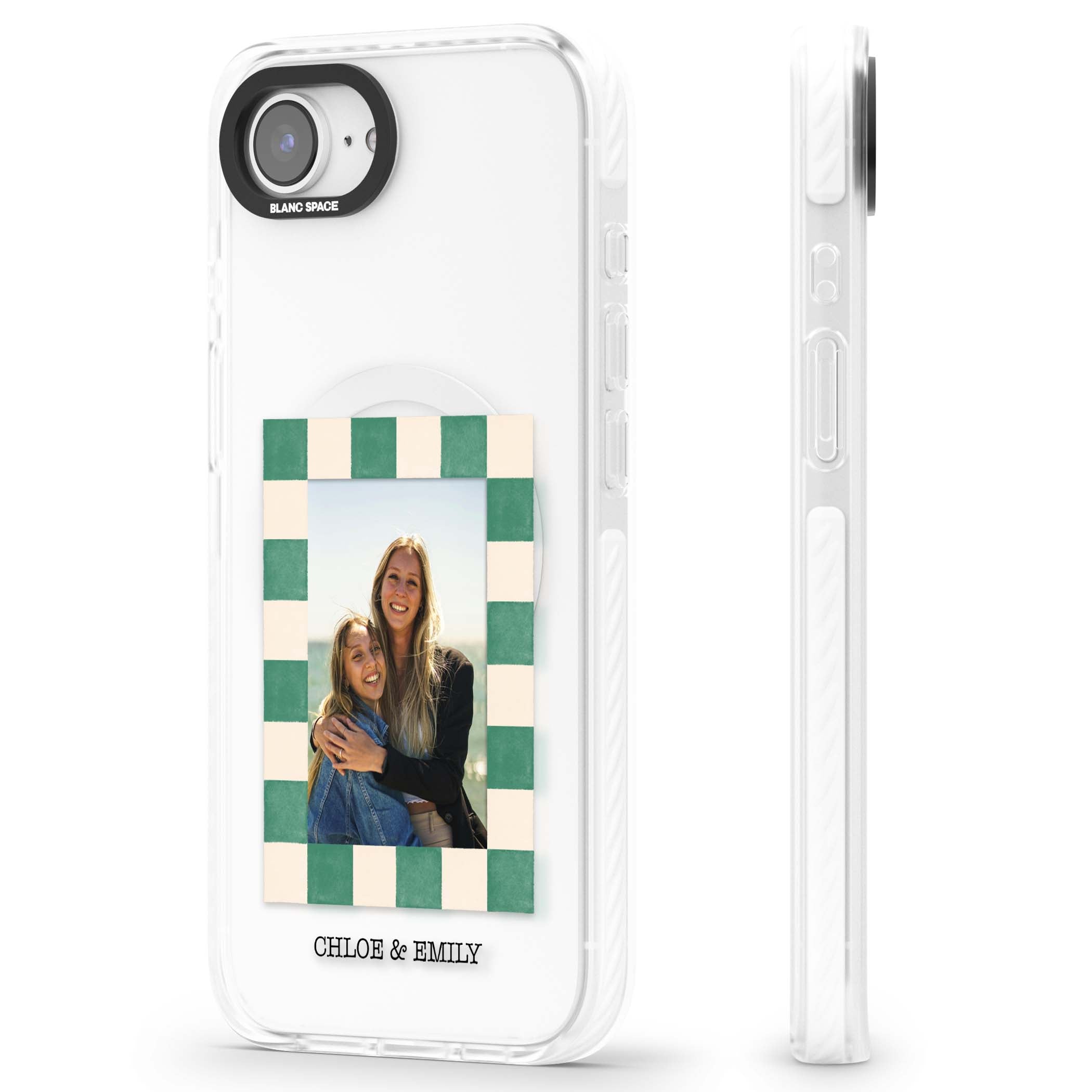 Seafoam Check Photo personalised iPhone case featuring a custom polaroid photo, green and cream checkered frame, and custom n | Impact Magsafe case for iPhone 16e, iPhone 17e