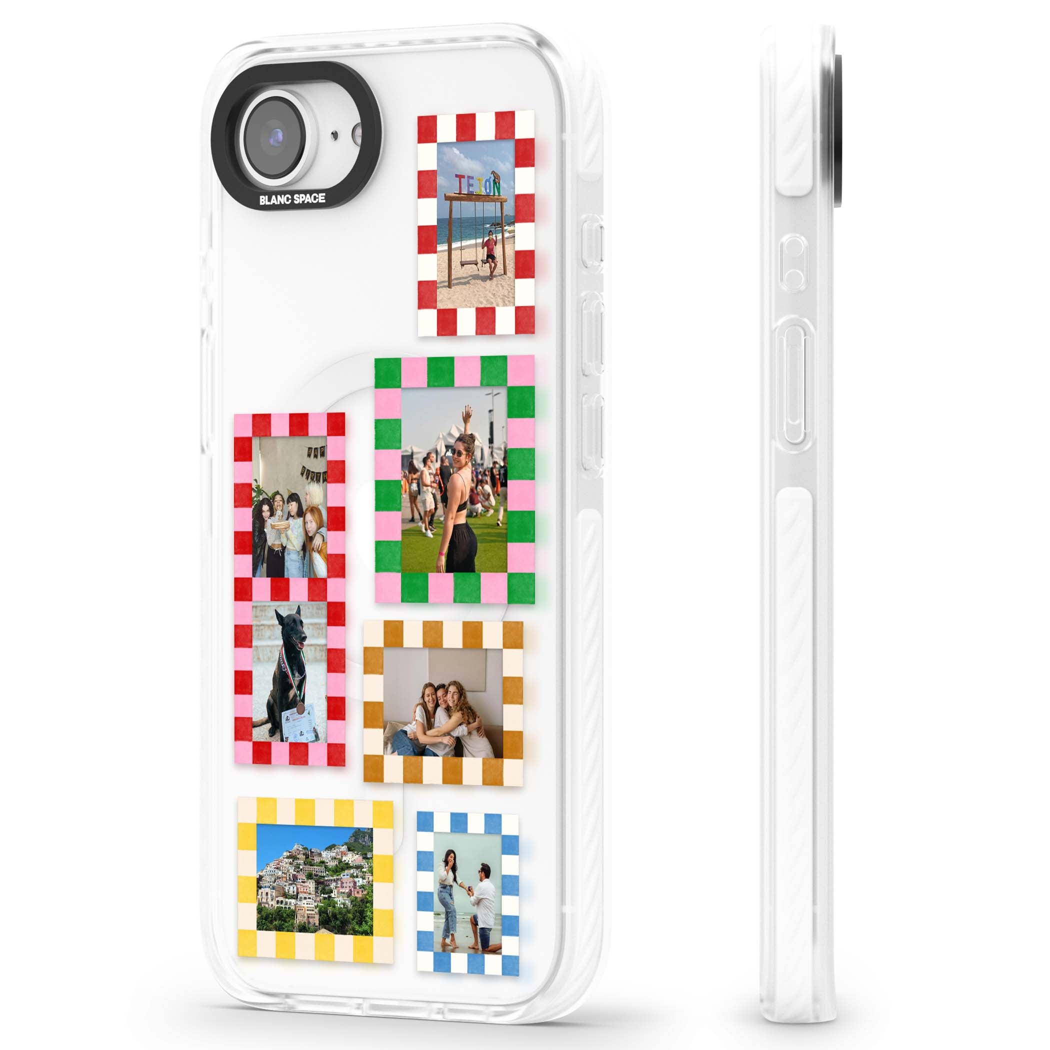 Italian Check Frames custom photo collage iPhone case featuring six checkered photo frames in red, green, pink and  | Impact Magsafe case for iPhone 16e, iPhone 17e