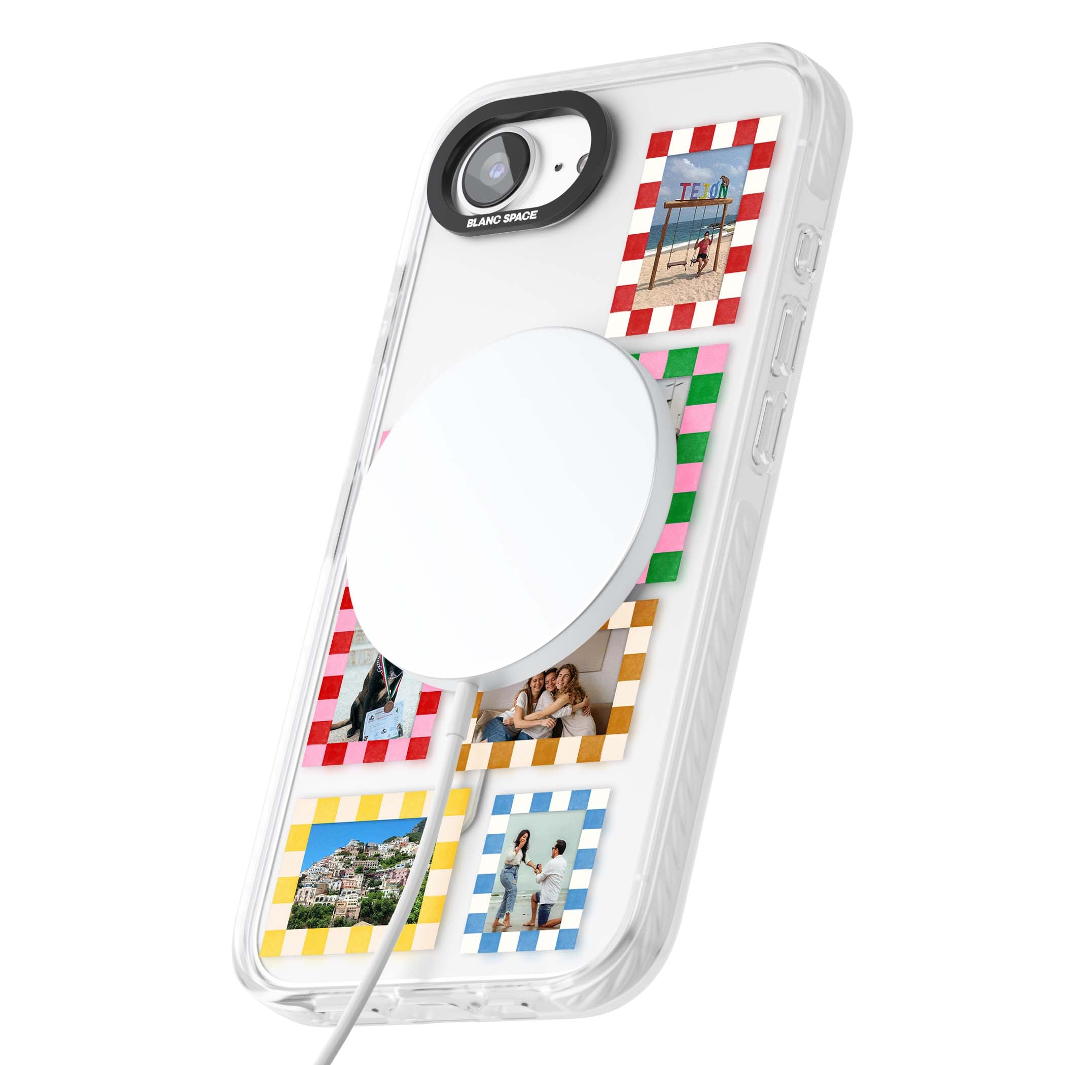 Italian Check Frames custom photo collage iPhone case featuring six checkered photo frames in red, green, pink and  | Impact Magsafe case for iPhone 16e, iPhone 17e