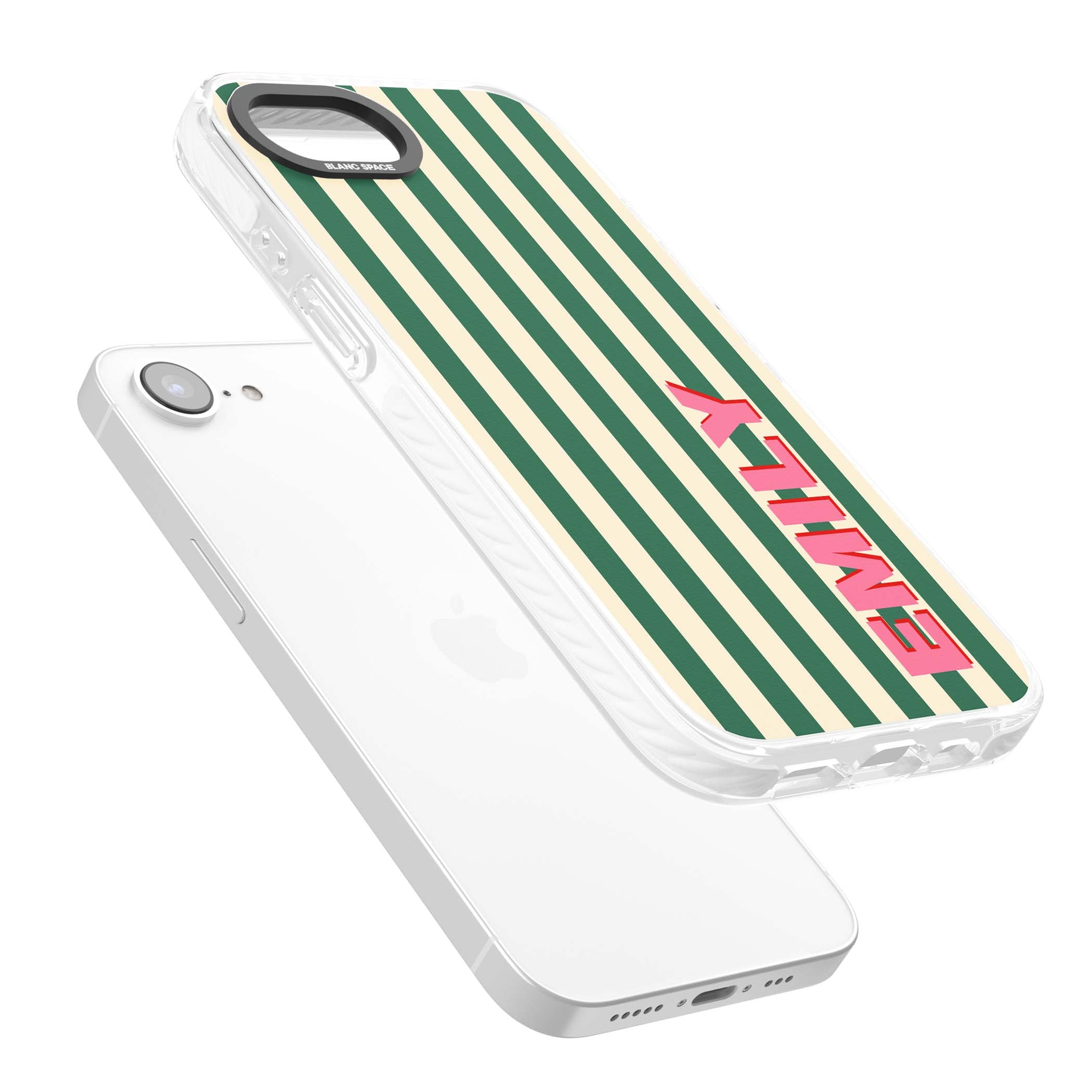 Wimbledon Stripe preppy iPhone case featuring green and cream vertical stripes with a personalised pink name | Impact Magsafe case for iPhone 16e, iPhone 17e