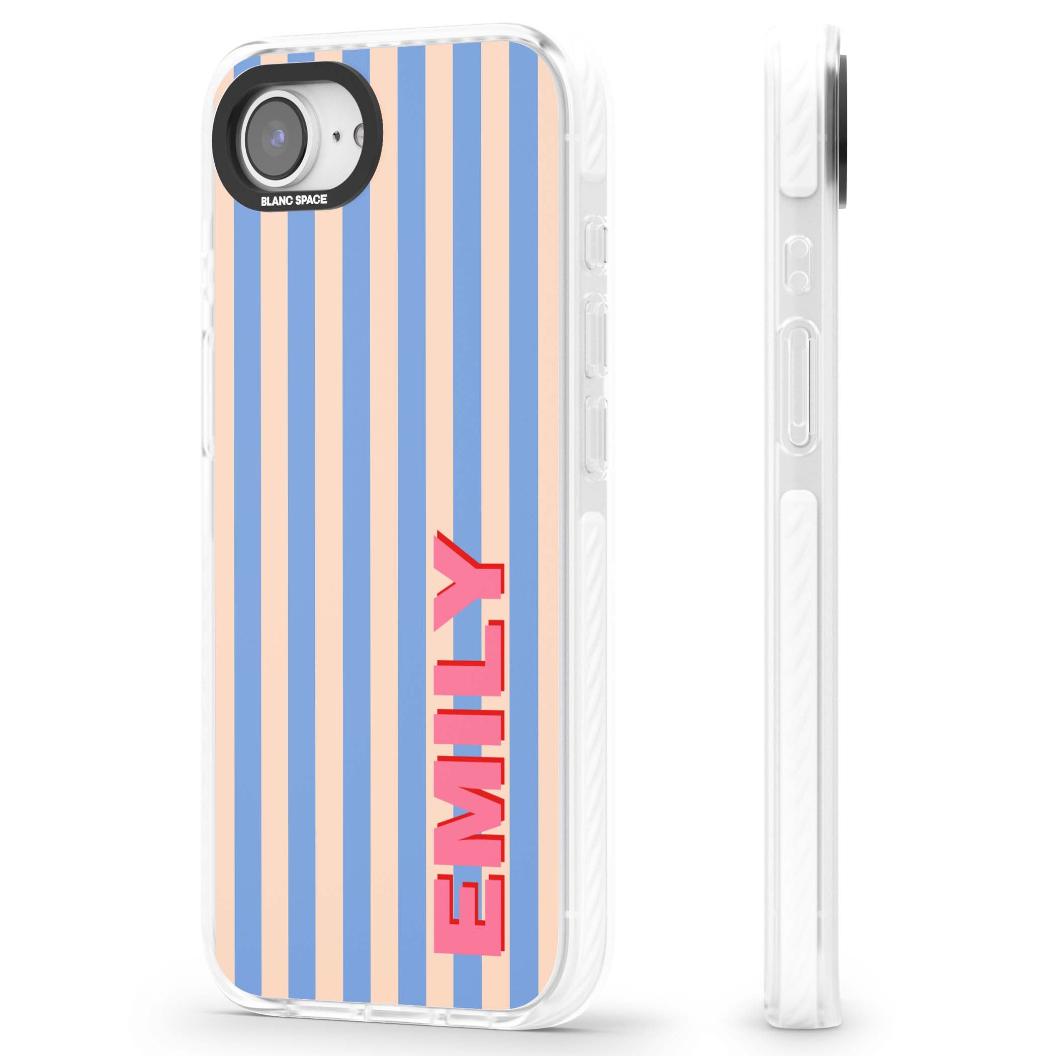 Coastal Stripe personalised coastal iPhone case with blue and peach vertical stripes and custom pink name | Impact Magsafe case for iPhone 16e, iPhone 17e