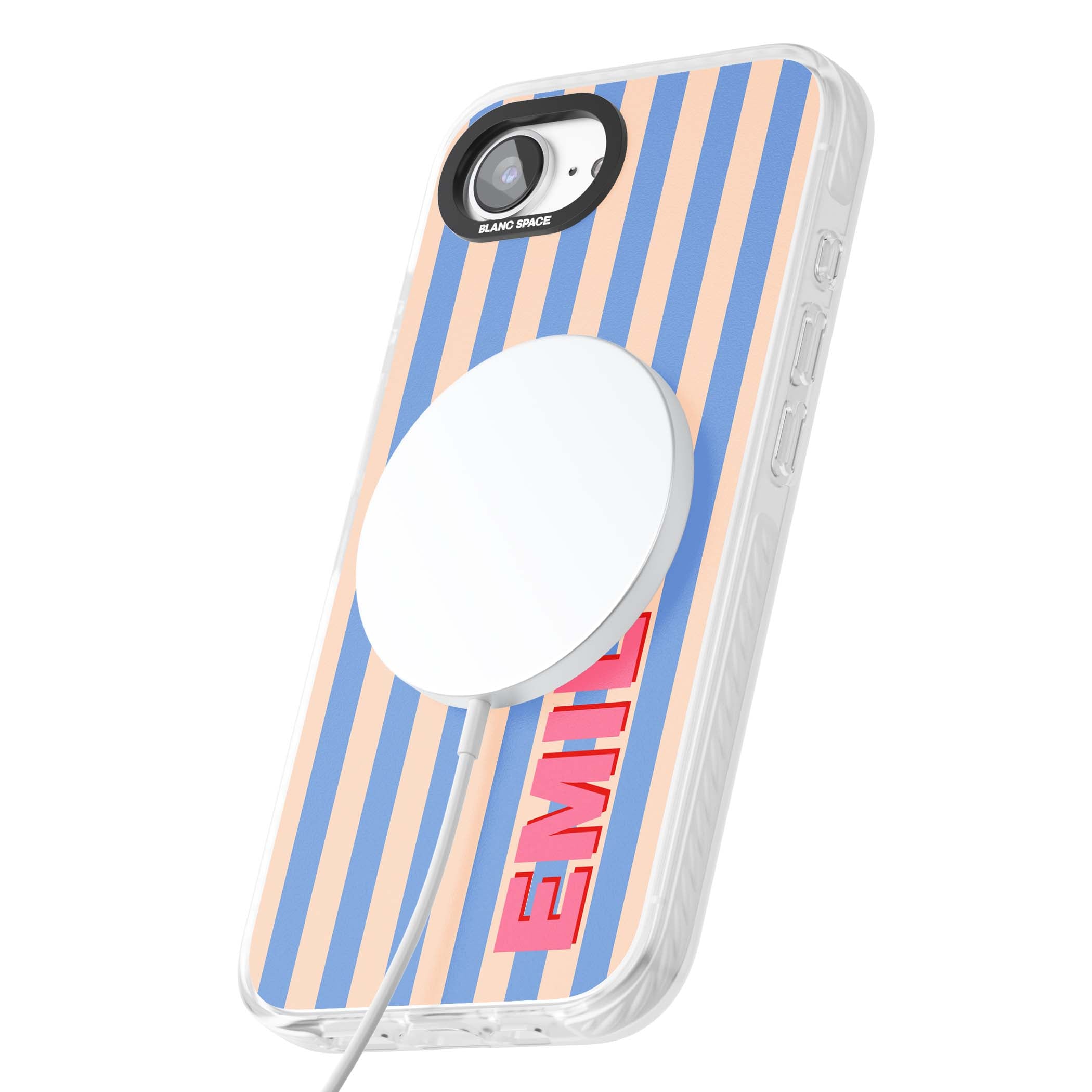 Coastal Stripe personalised coastal iPhone case with blue and peach vertical stripes and custom pink name | Impact Magsafe case for iPhone 16e, iPhone 17e