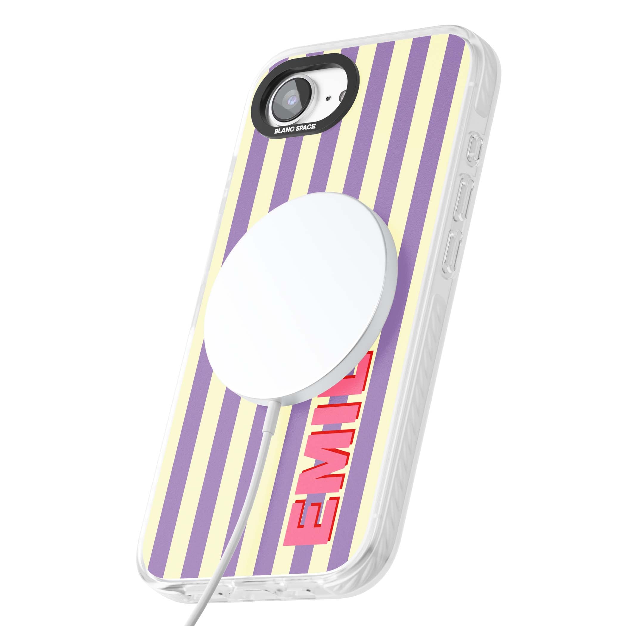 Valensole Stripe personalised iPhone case with purple and cream vertical stripes and pink custom name | Impact Magsafe case for iPhone 16e, iPhone 17e
