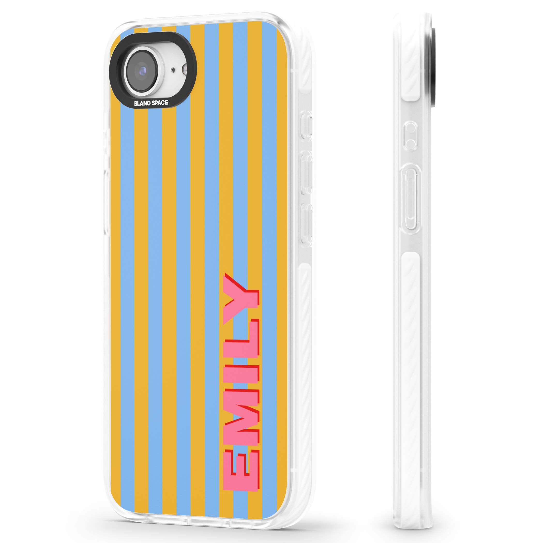 Carribean Stripe personalised coastal iPhone case with yellow and blue vertical stripes and a custom pink name | Impact Magsafe case for iPhone 16e, iPhone 17e
