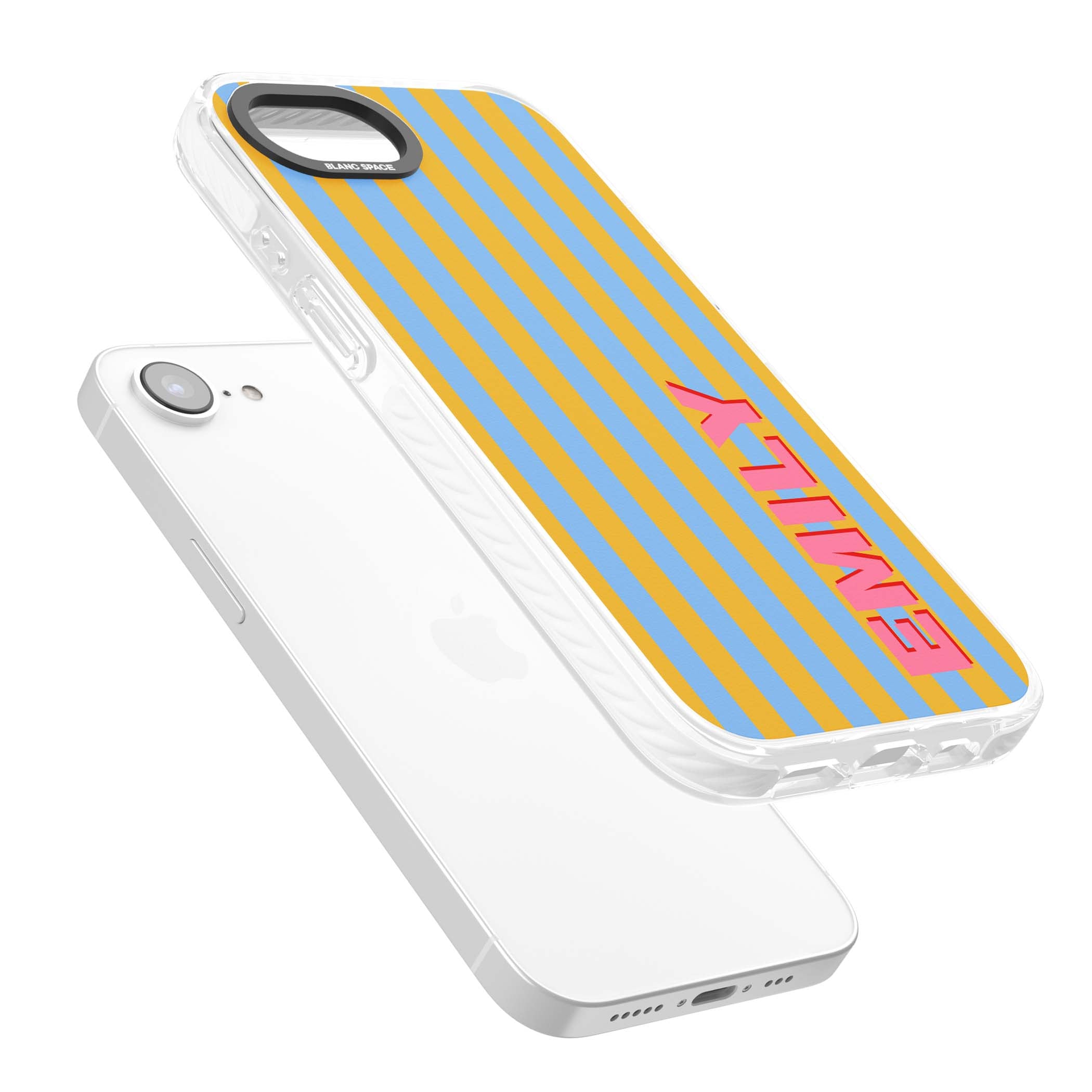 Carribean Stripe personalised coastal iPhone case with yellow and blue vertical stripes and a custom pink name | Impact Magsafe case for iPhone 16e, iPhone 17e