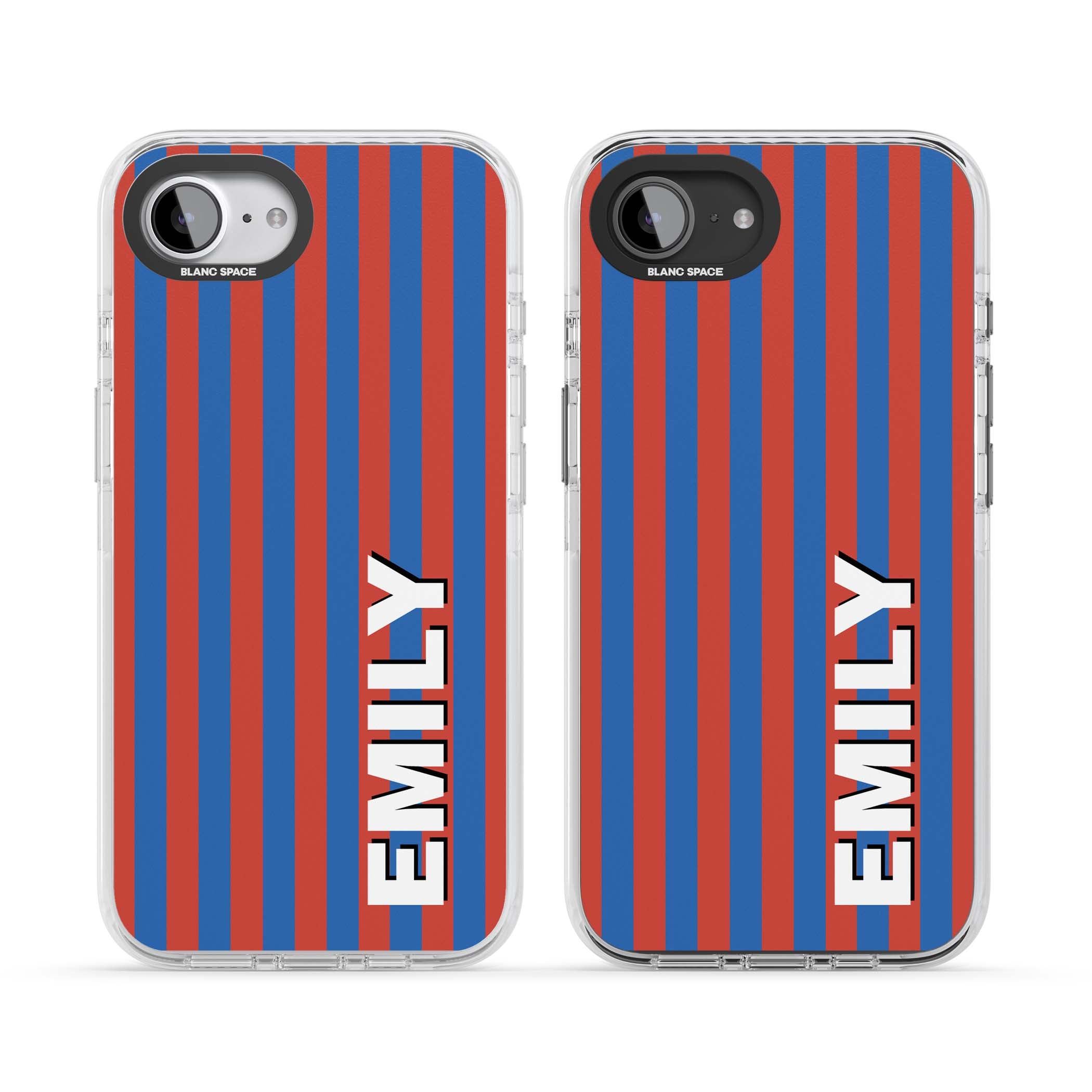 Cuban Stripe personalised iPhone case featuring red and blue vertical stripes with custom name in bold white letters | Impact Magsafe case for iPhone 16e, iPhone 17e