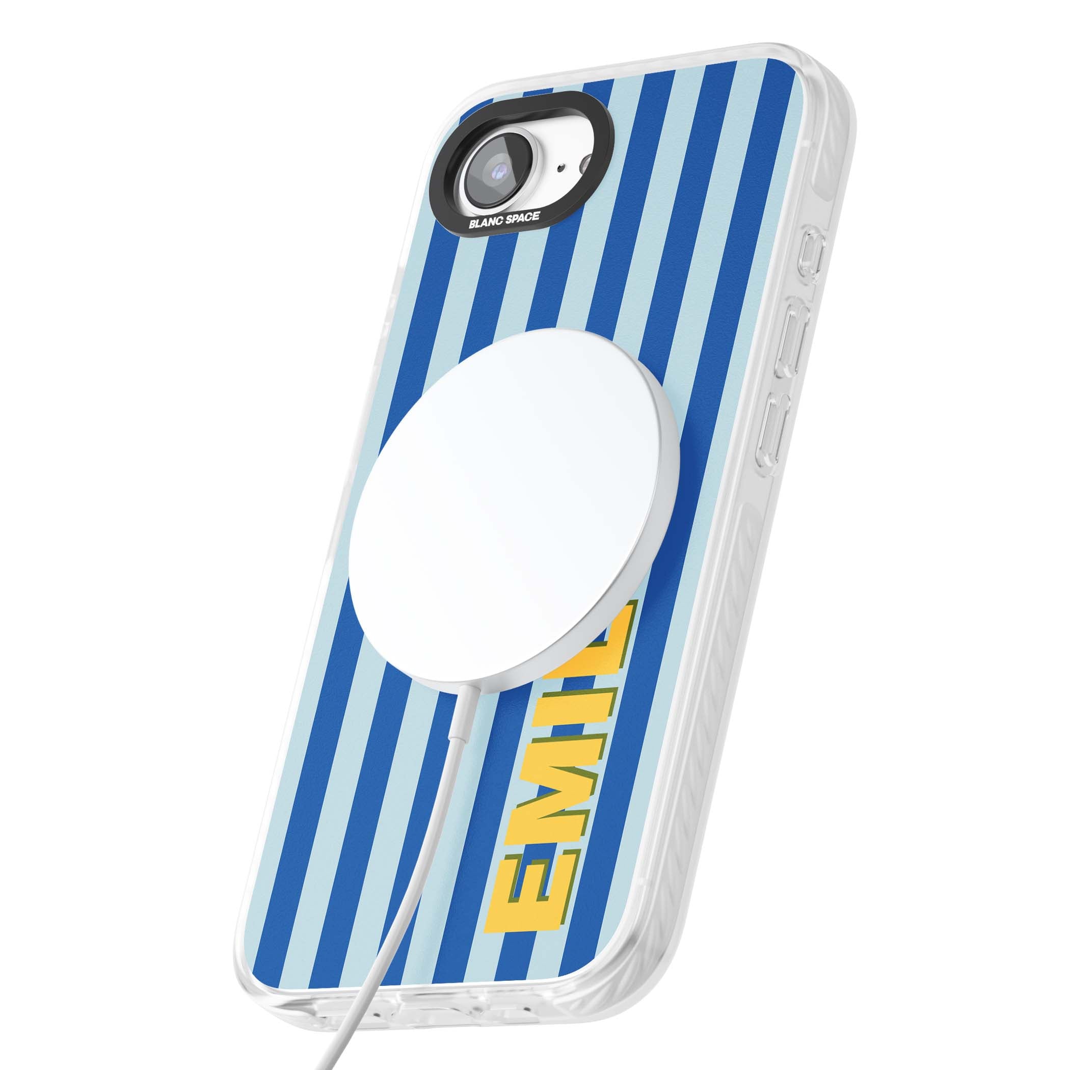 Athenian Stripe personalised preppy iPhone case featuring blue vertical stripes and a custom yellow name | Impact Magsafe case for iPhone 16e, iPhone 17e