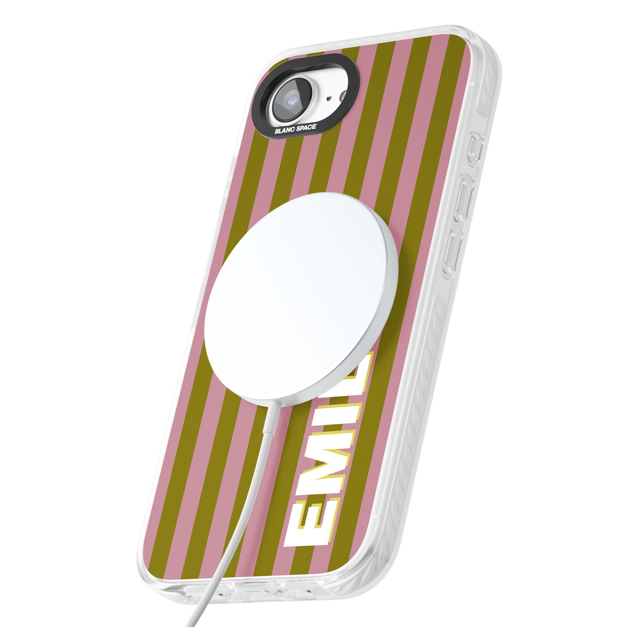 Istanbul Stripe personalised iPhone case featuring pink and olive green vertical stripes with a custom vertical name | Impact Magsafe case for iPhone 16e, iPhone 17e