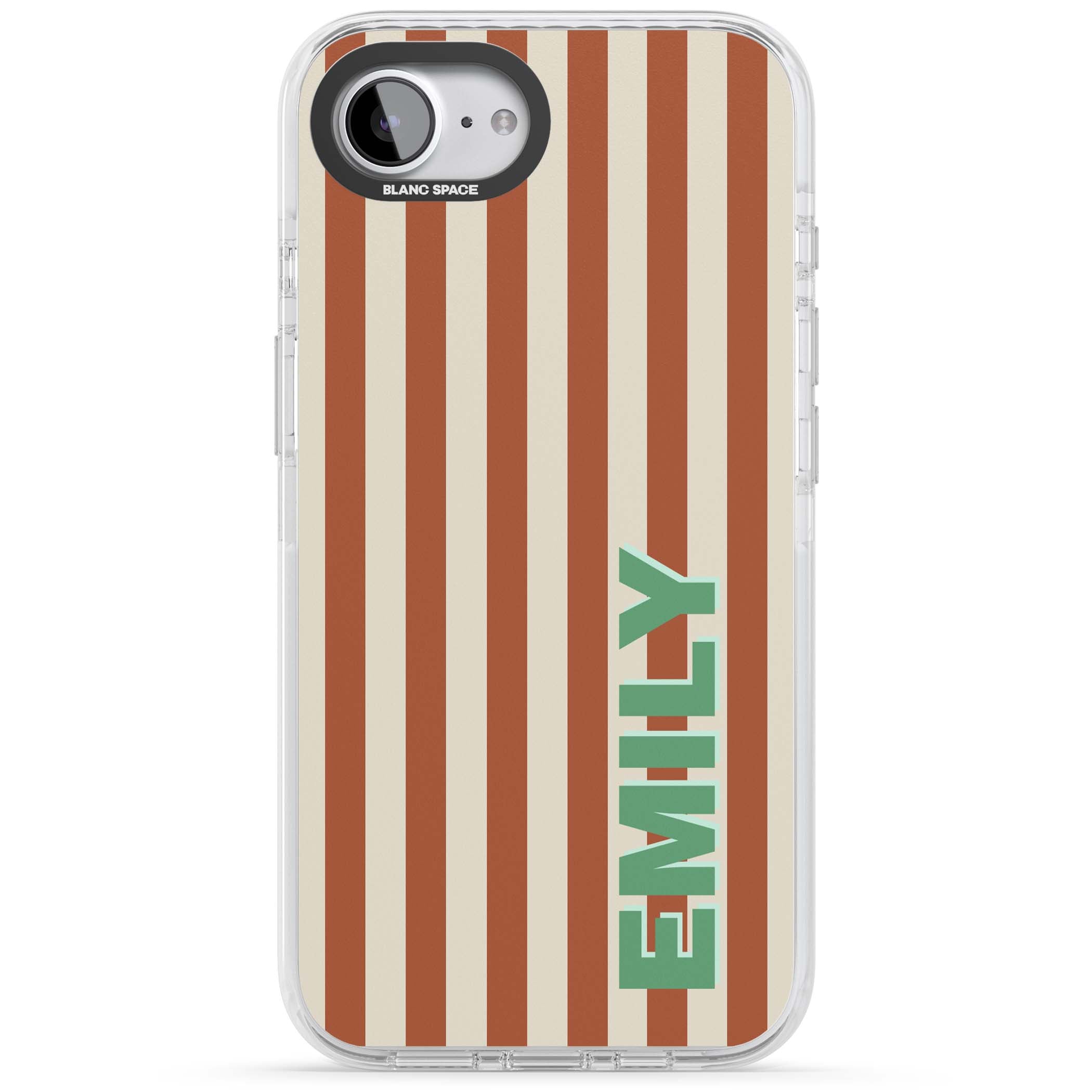 Dune Stripe personalised iPhone case with rust and cream vertical stripes and custom name in mint green | Impact Magsafe case for iPhone 16e, iPhone 17e