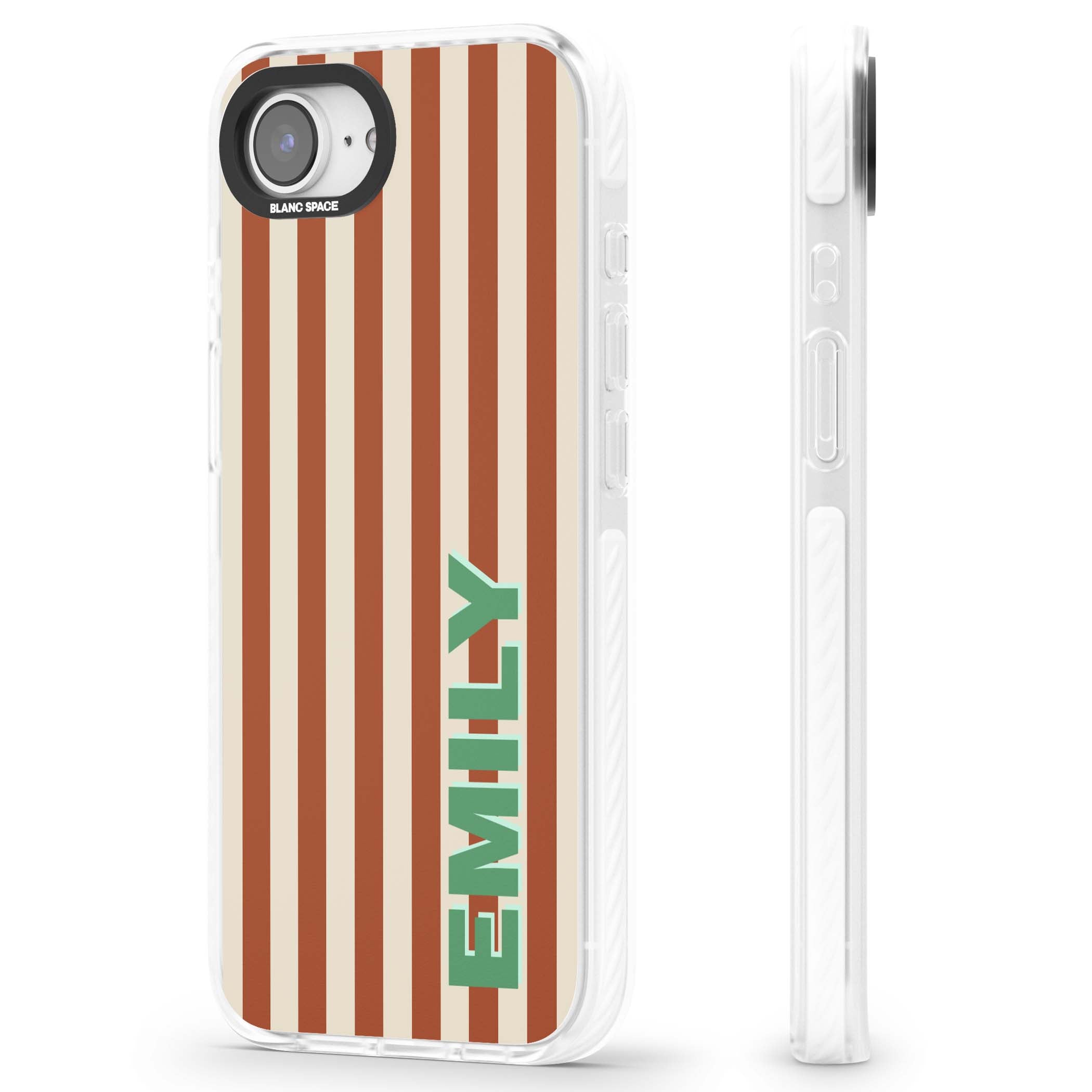 Dune Stripe personalised iPhone case with rust and cream vertical stripes and custom name in mint green | Impact Magsafe case for iPhone 16e, iPhone 17e