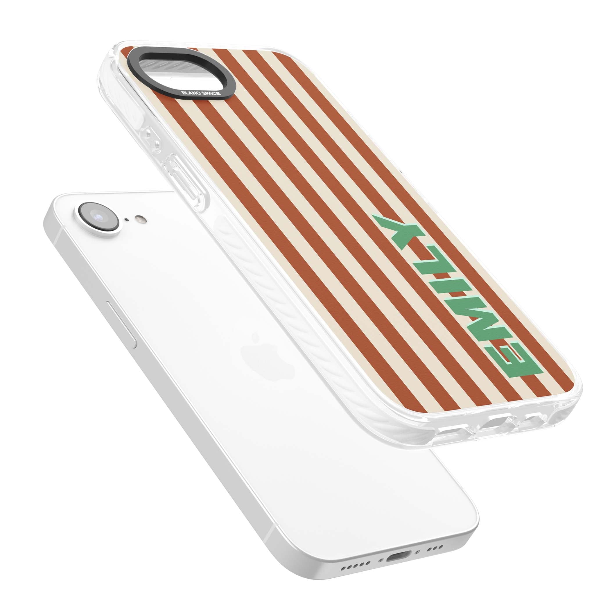 Dune Stripe personalised iPhone case with rust and cream vertical stripes and custom name in mint green | Impact Magsafe case for iPhone 16e, iPhone 17e