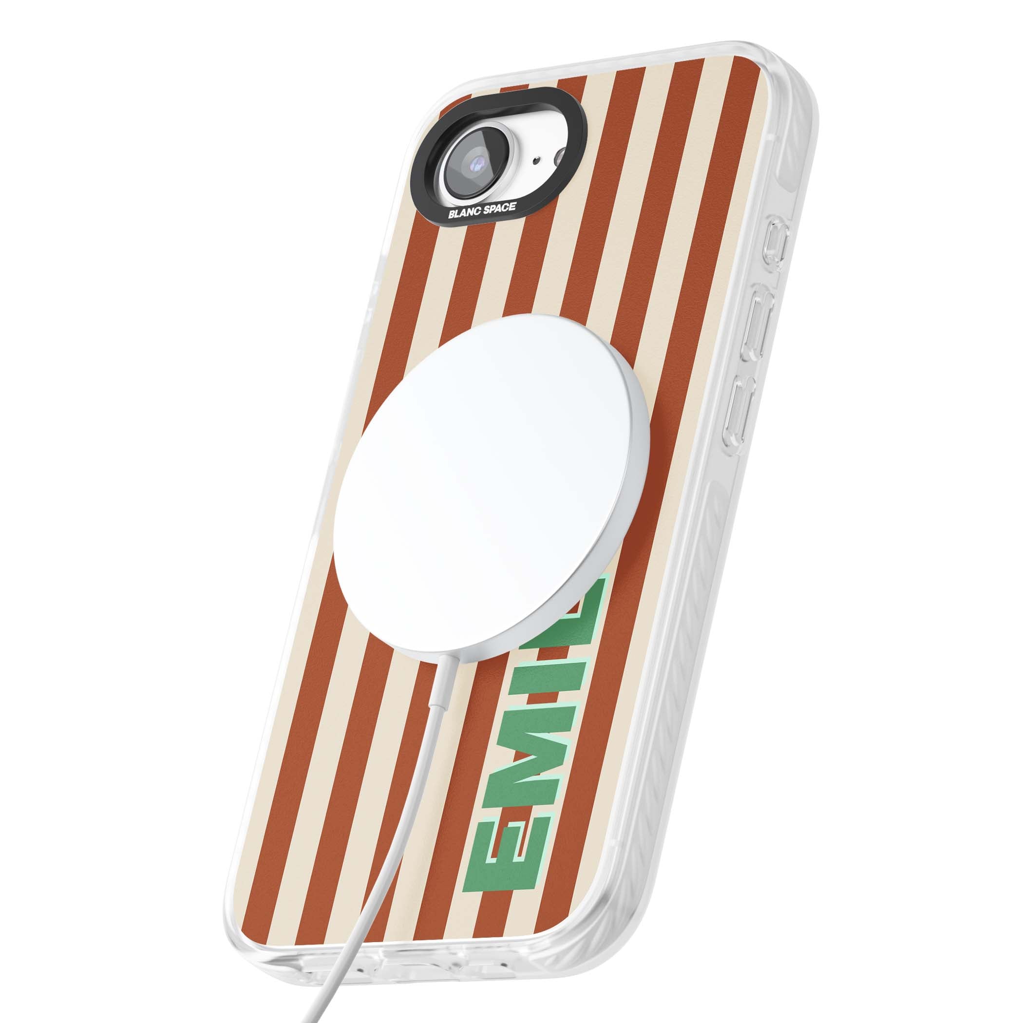 Dune Stripe personalised iPhone case with rust and cream vertical stripes and custom name in mint green | Impact Magsafe case for iPhone 16e, iPhone 17e