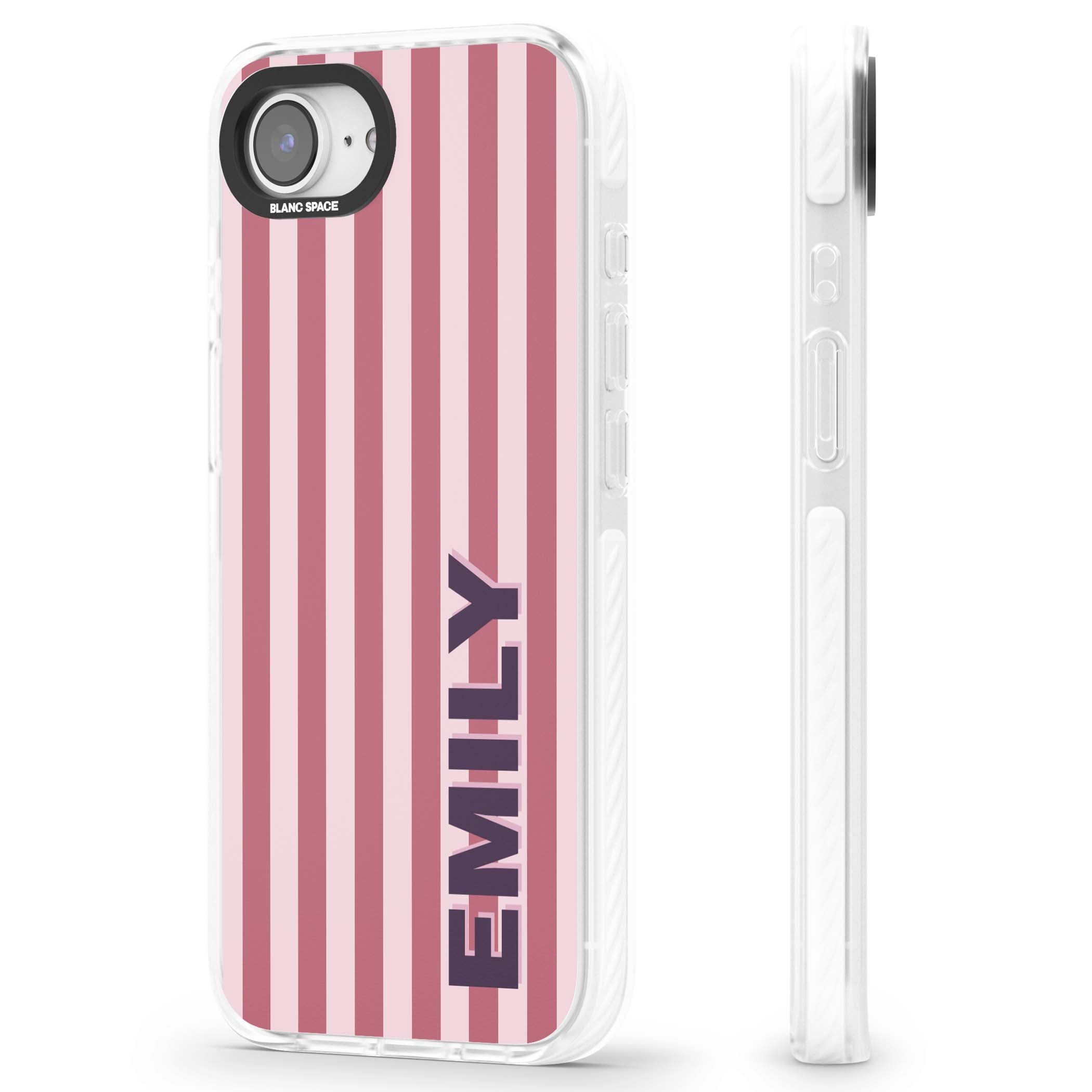 Victoria Stripe personalised iPhone case featuring pink vertical stripes and custom name in bold plum lettering | Impact Magsafe case for iPhone 16e, iPhone 17e