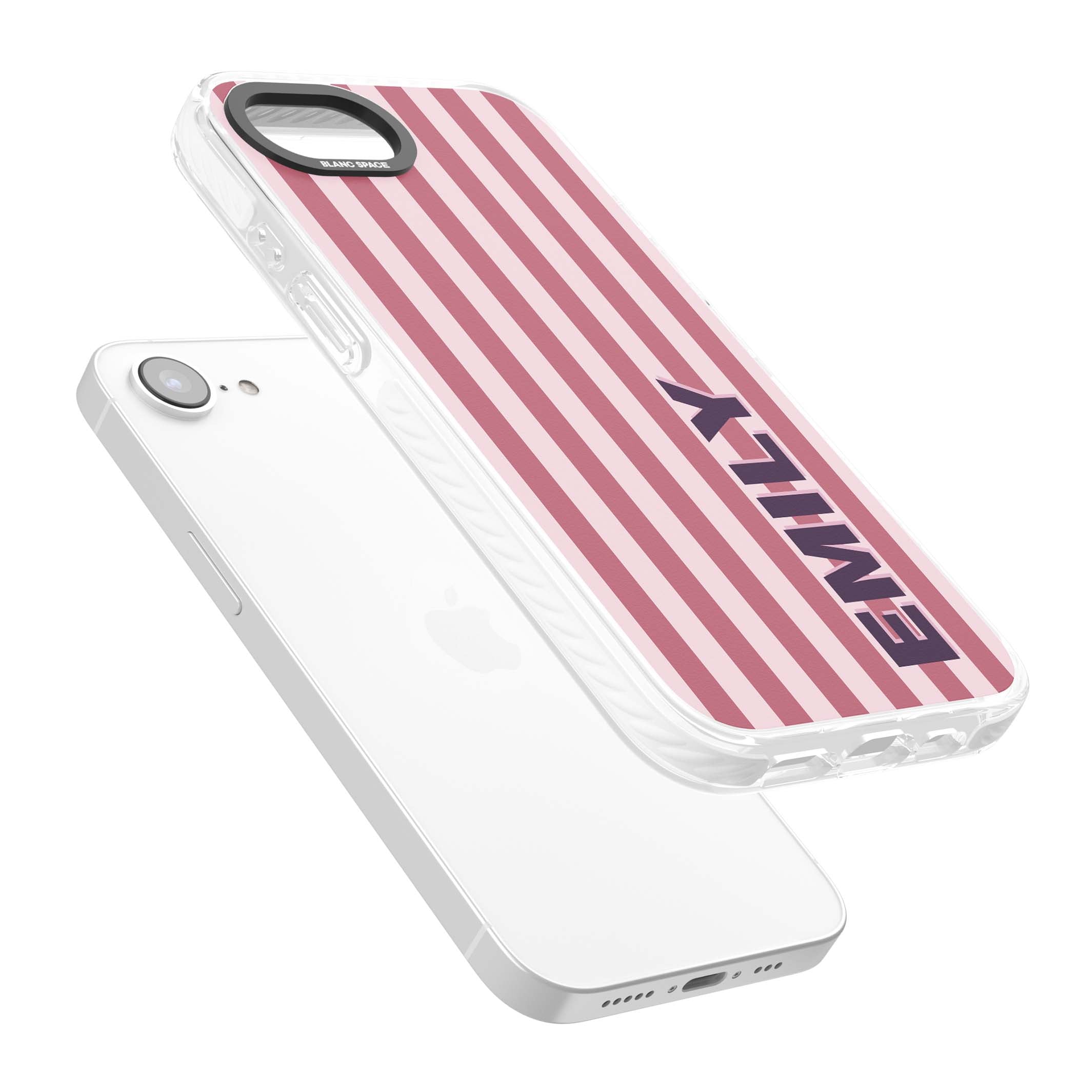 Victoria Stripe personalised iPhone case featuring pink vertical stripes and custom name in bold plum lettering | Impact Magsafe case for iPhone 16e, iPhone 17e