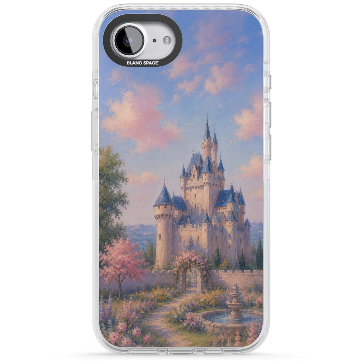 Enchanted Kingdom fairytale iPhone case featuring a romantic castle painting with cherry blossoms and pastel pink sky | Impact Magsafe case for iPhone 16e, iPhone 17e