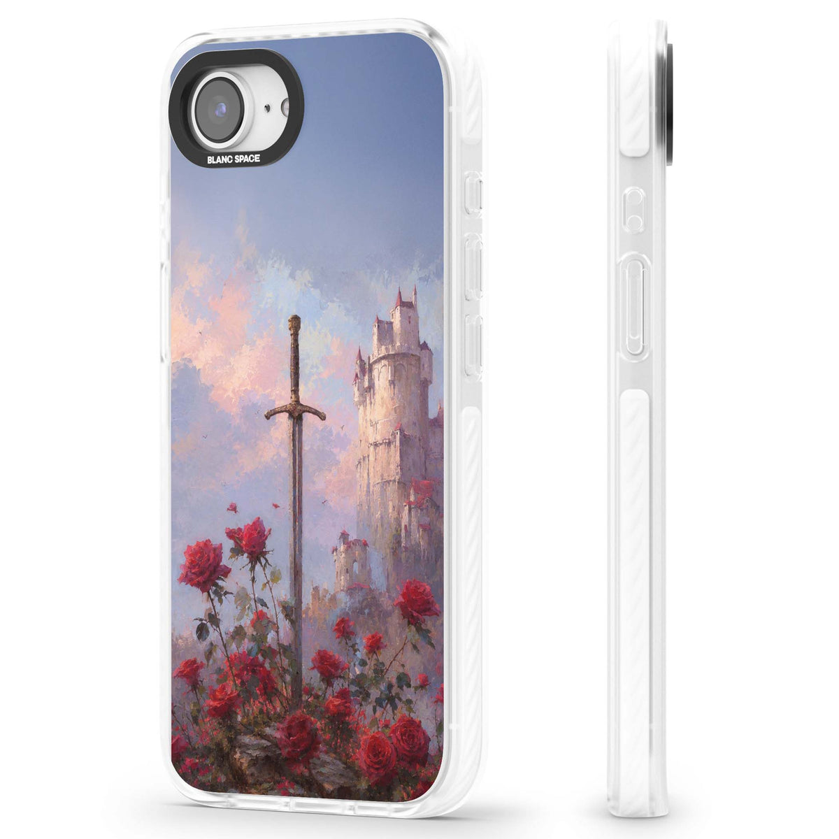 Sword in Roses medieval art iPhone case featuring a sword, red roses, and a misty fairytale castle at sunset | Impact Magsafe case for iPhone 16e, iPhone 17e