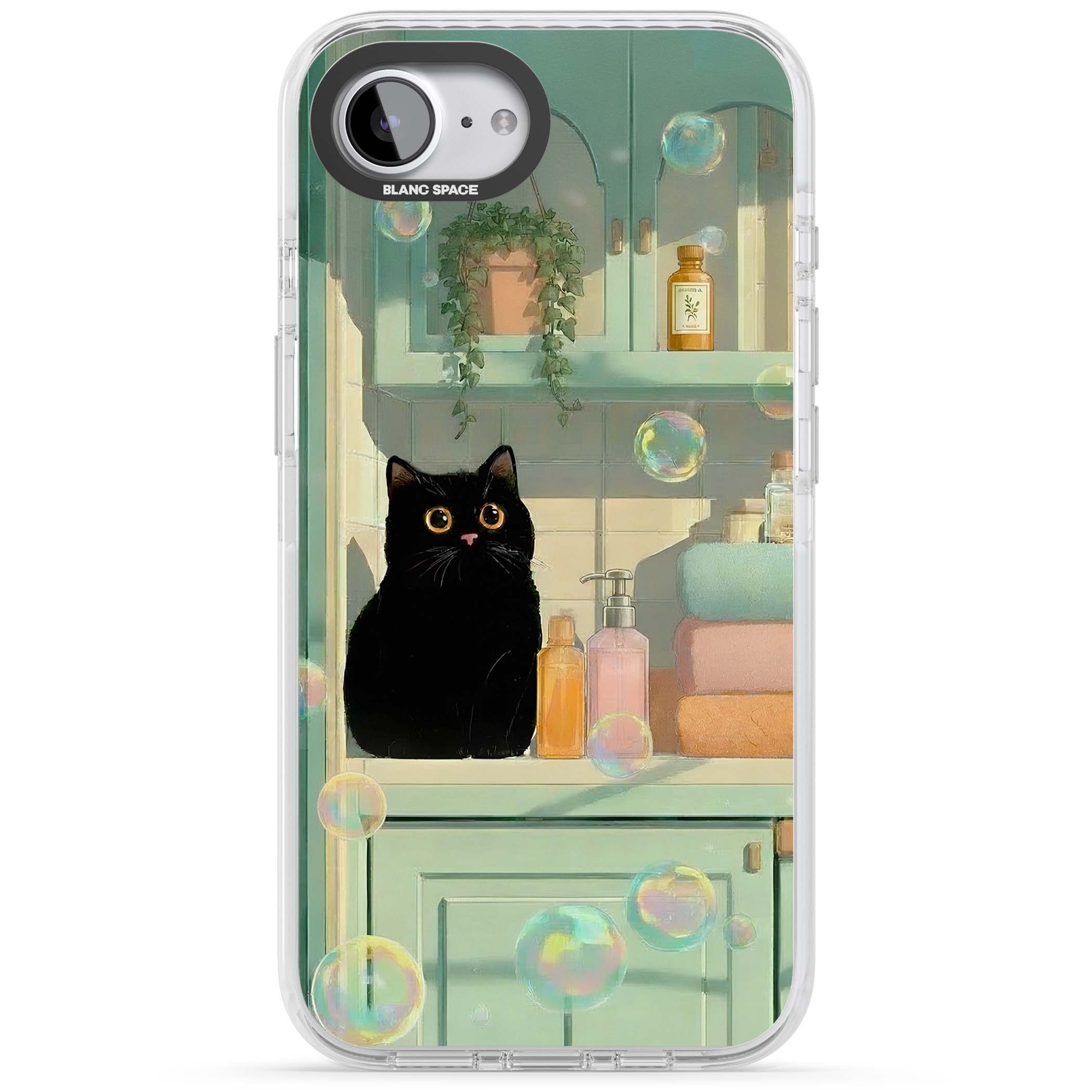 Bathroom Bubble Kitty cottagecore iPhone case featuring a black cat, mint bathroom scene and floating soap bubbles | Impact Magsafe case for iPhone 16e, iPhone 17e