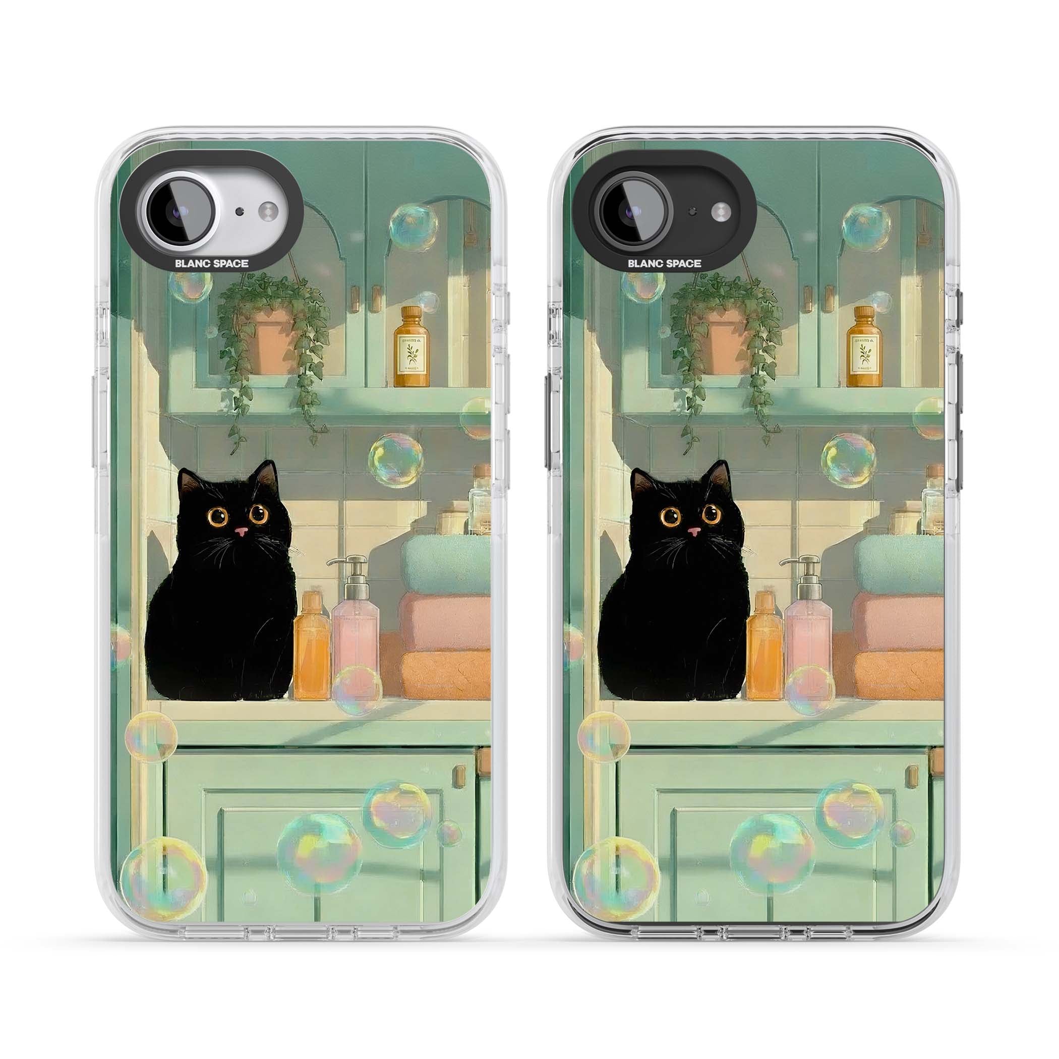 Bathroom Bubble Kitty cottagecore iPhone case featuring a black cat, mint bathroom scene and floating soap bubbles | Impact Magsafe case for iPhone 16e, iPhone 17e