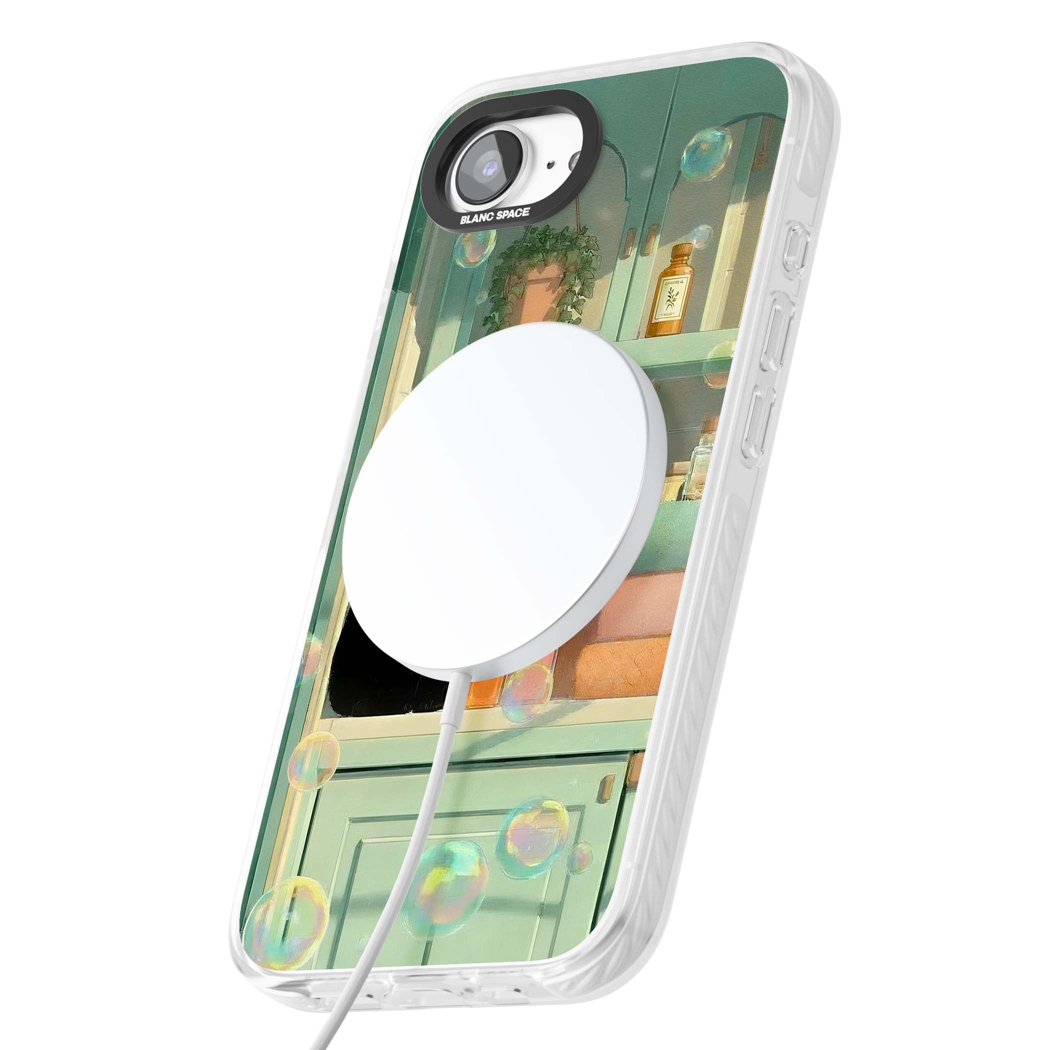 Bathroom Bubble Kitty cottagecore iPhone case featuring a black cat, mint bathroom scene and floating soap bubbles | Impact Magsafe case for iPhone 16e, iPhone 17e