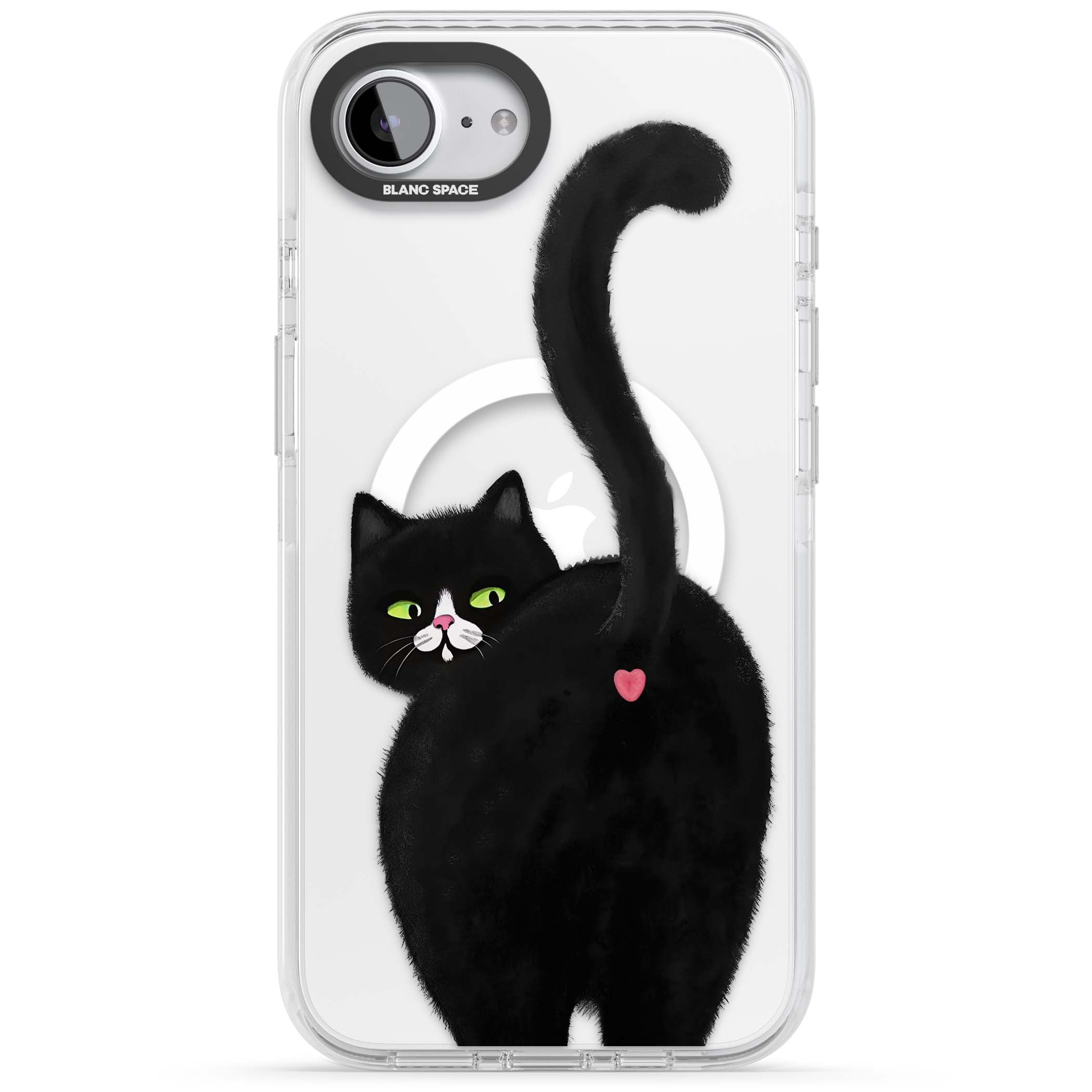 The Cat's Kiss cute cat iPhone case featuring a hand-painted tuxedo kitty with green eyes and a pink heart on a clear  | Impact Magsafe case for iPhone 16e, iPhone 17e