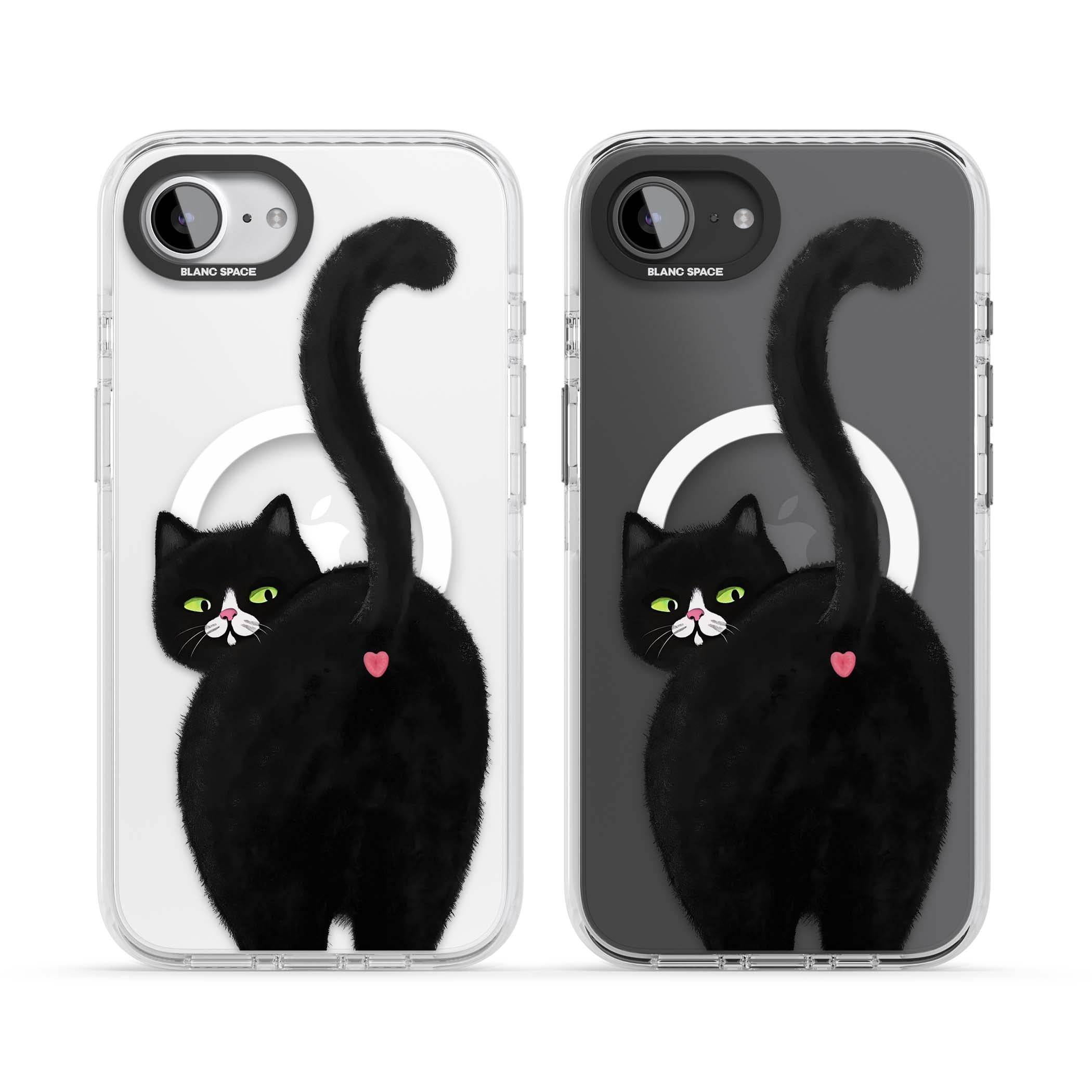 The Cat's Kiss cute cat iPhone case featuring a hand-painted tuxedo kitty with green eyes and a pink heart on a clear  | Impact Magsafe case for iPhone 16e, iPhone 17e