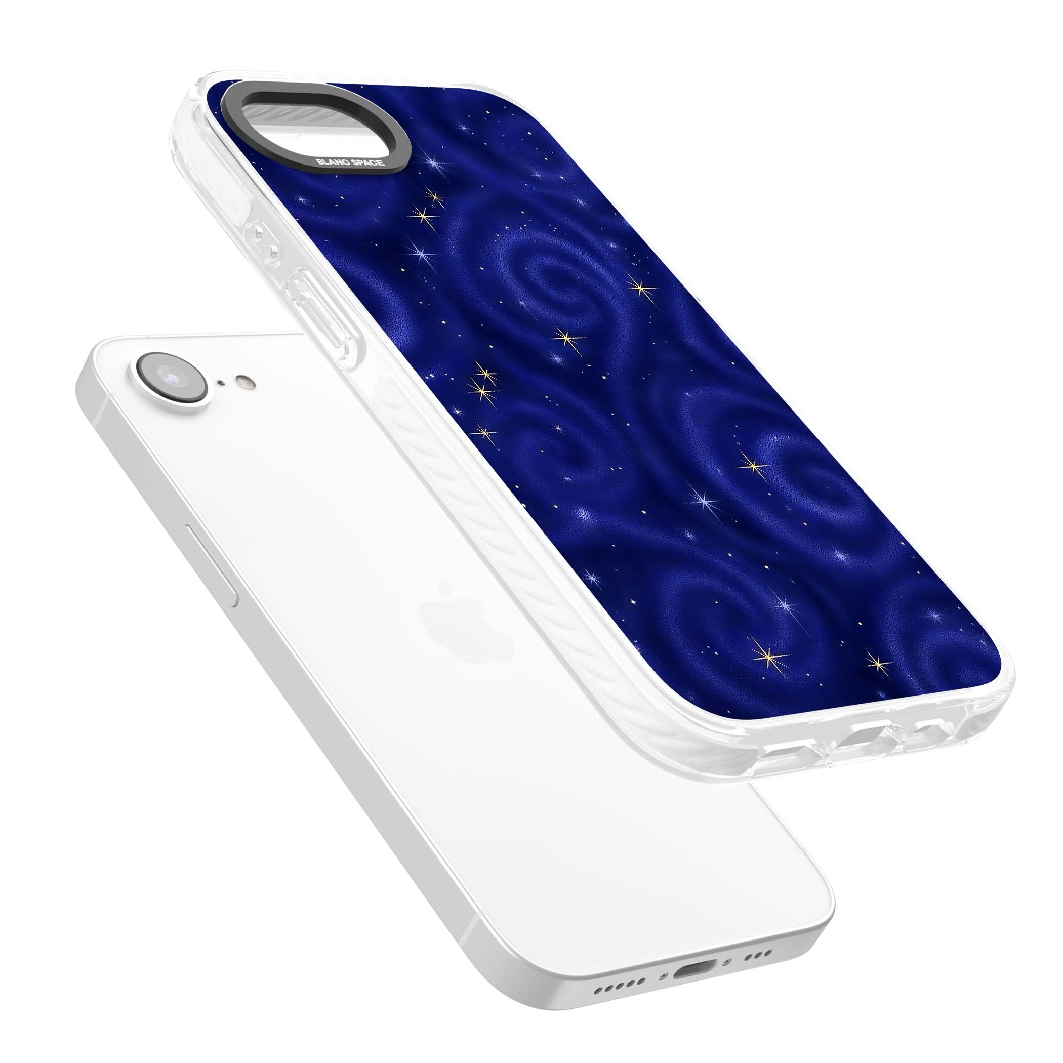 Indigo Cosmos celestial iPhone case featuring swirling navy night sky and sparkling golden stars | Impact Magsafe case for iPhone 16e, iPhone 17e