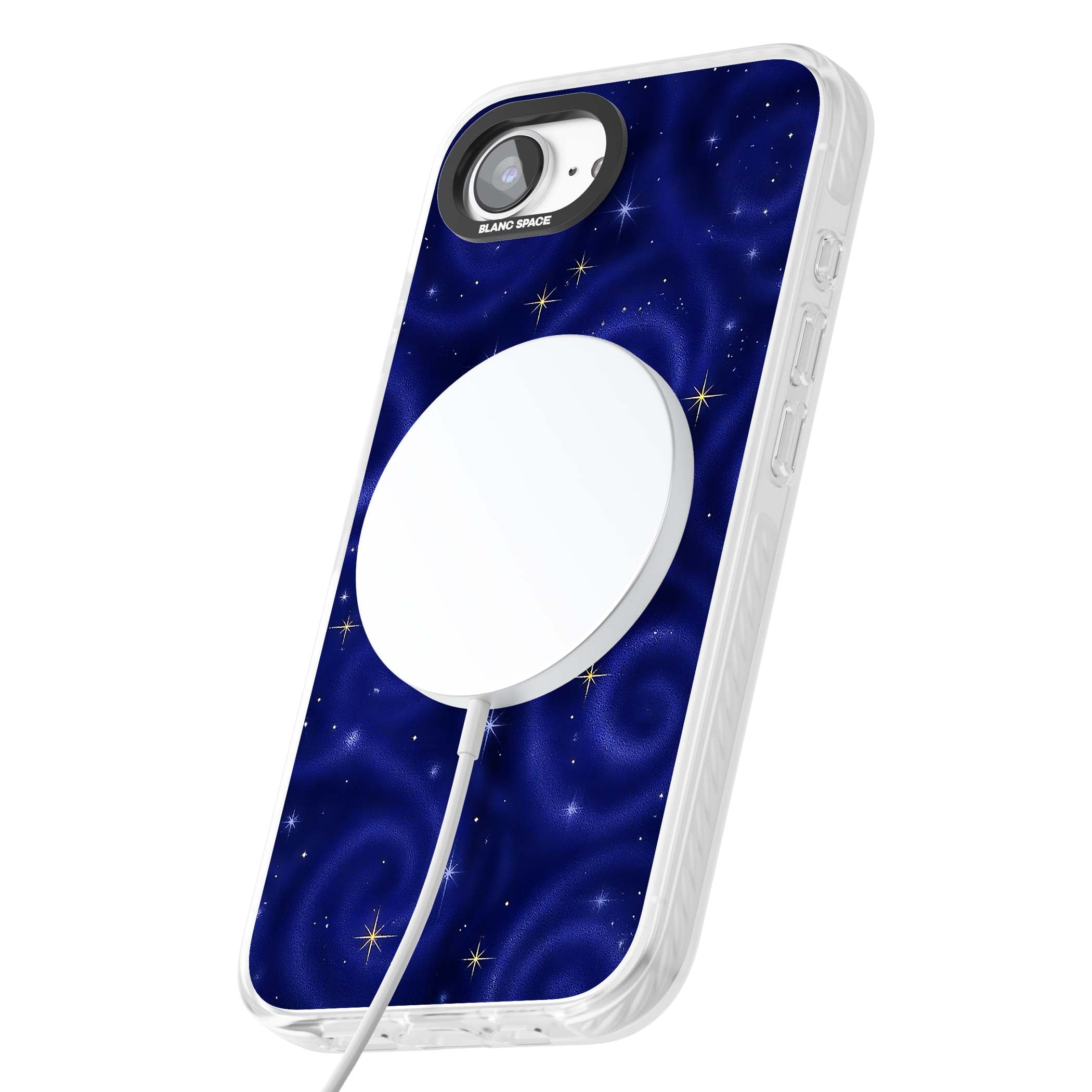 Indigo Cosmos celestial iPhone case featuring swirling navy night sky and sparkling golden stars | Impact Magsafe case for iPhone 16e, iPhone 17e