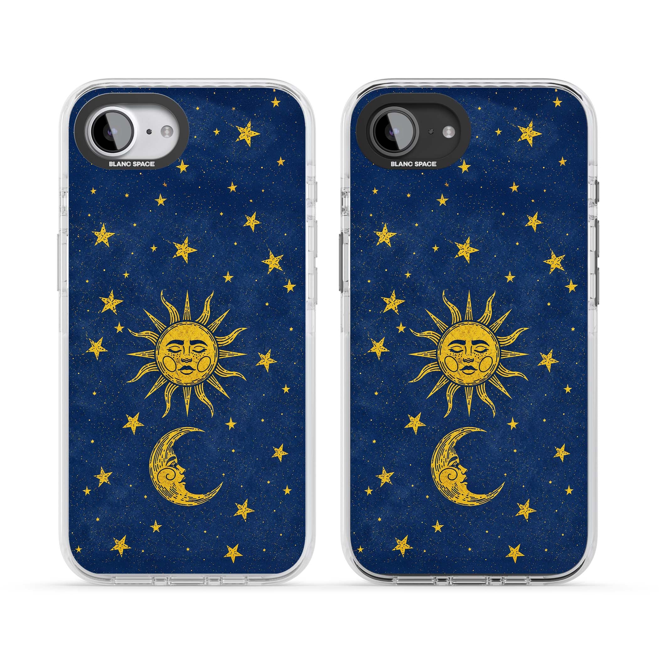 Sun & Moon Reverie celestial iPhone case featuring a vintage golden sun, crescent moon and scattered stars on midnight blue | Impact Magsafe case for iPhone 16e, iPhone 17e