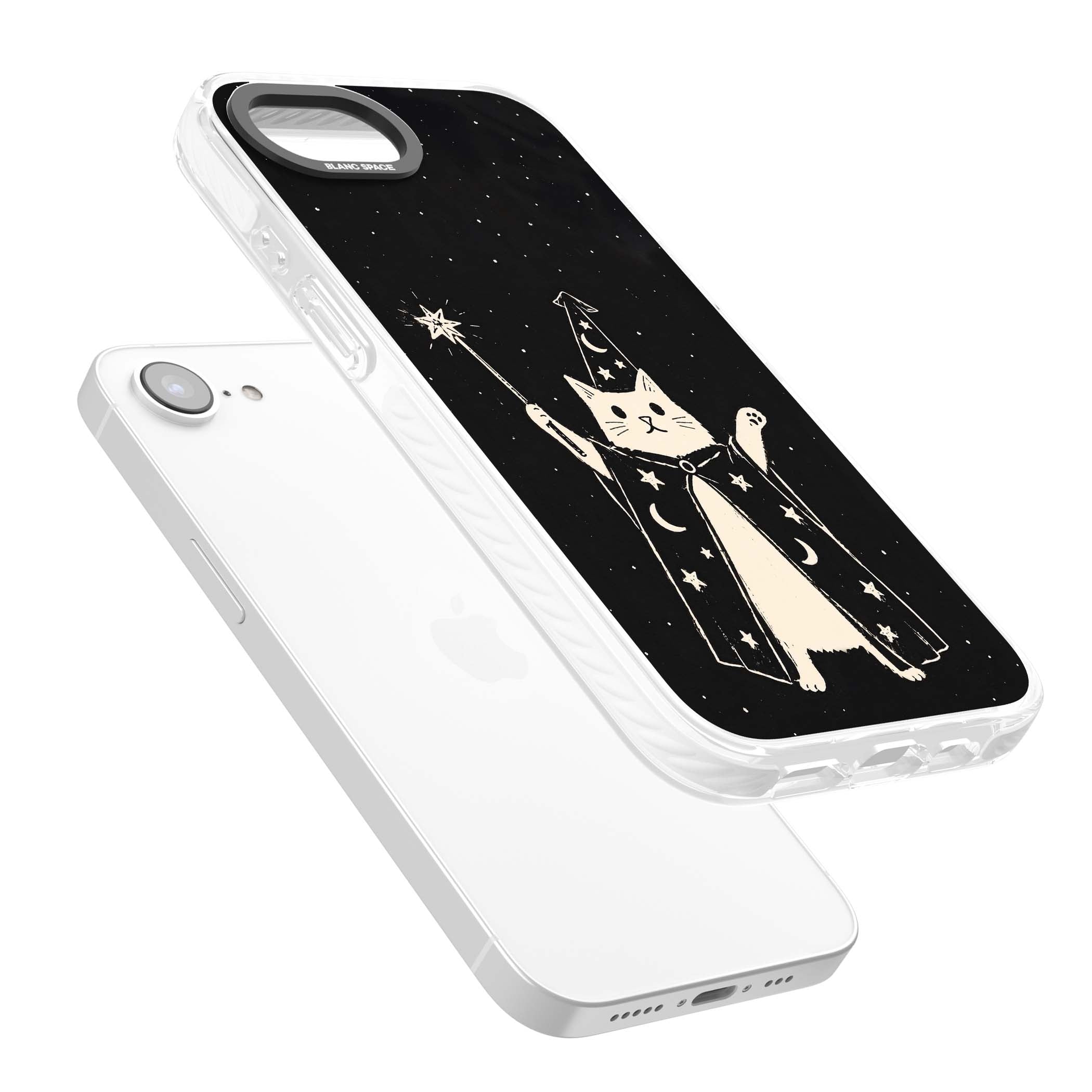 Whisker Wizard celestial cat iPhone case featuring a wizard cat with magic wand, starry night sky and crescent moons | Impact Magsafe case for iPhone 16e, iPhone 17e
