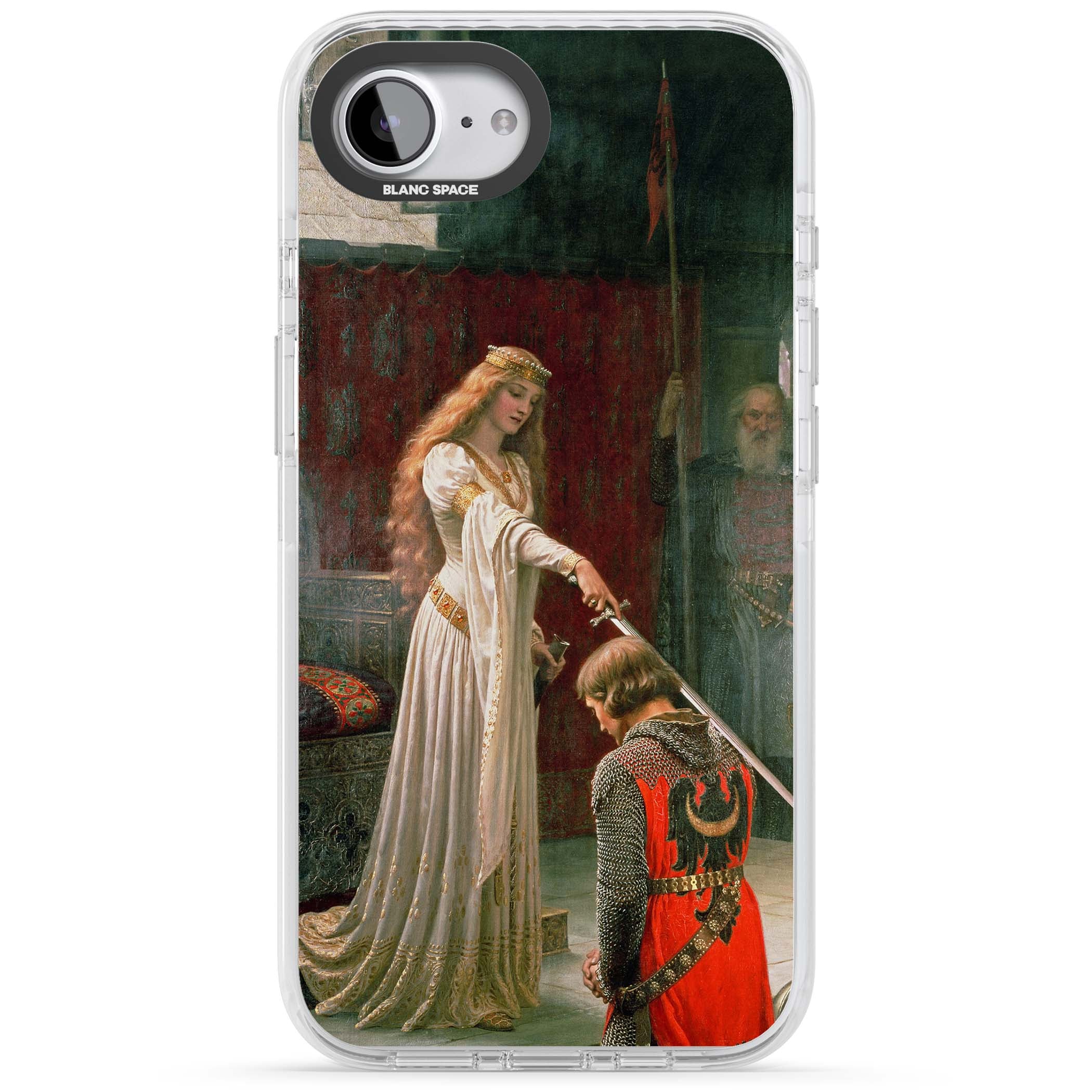 The Accolade renaissance art iPhone case featuring Edmund Blair Leighton's painting of a queen knighting a kneeling knight | Impact Magsafe case for iPhone 16e, iPhone 17e