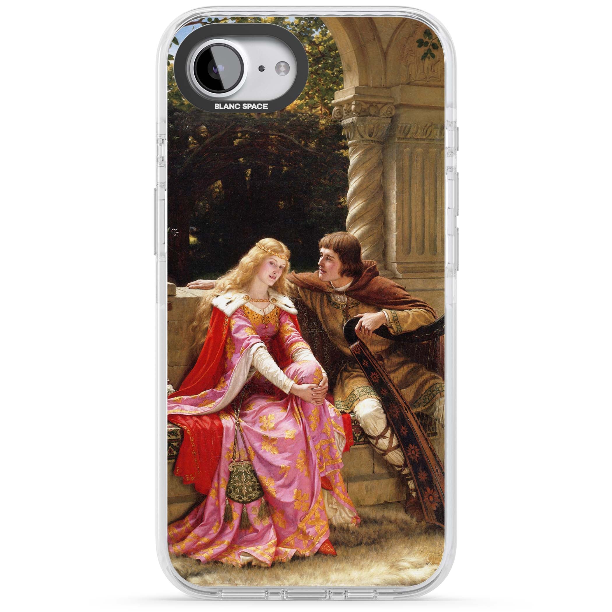 The End of the Song classic art iPhone case featuring a medieval lady in pink gown and her knight in a stone archway | Impact Magsafe case for iPhone 16e, iPhone 17e
